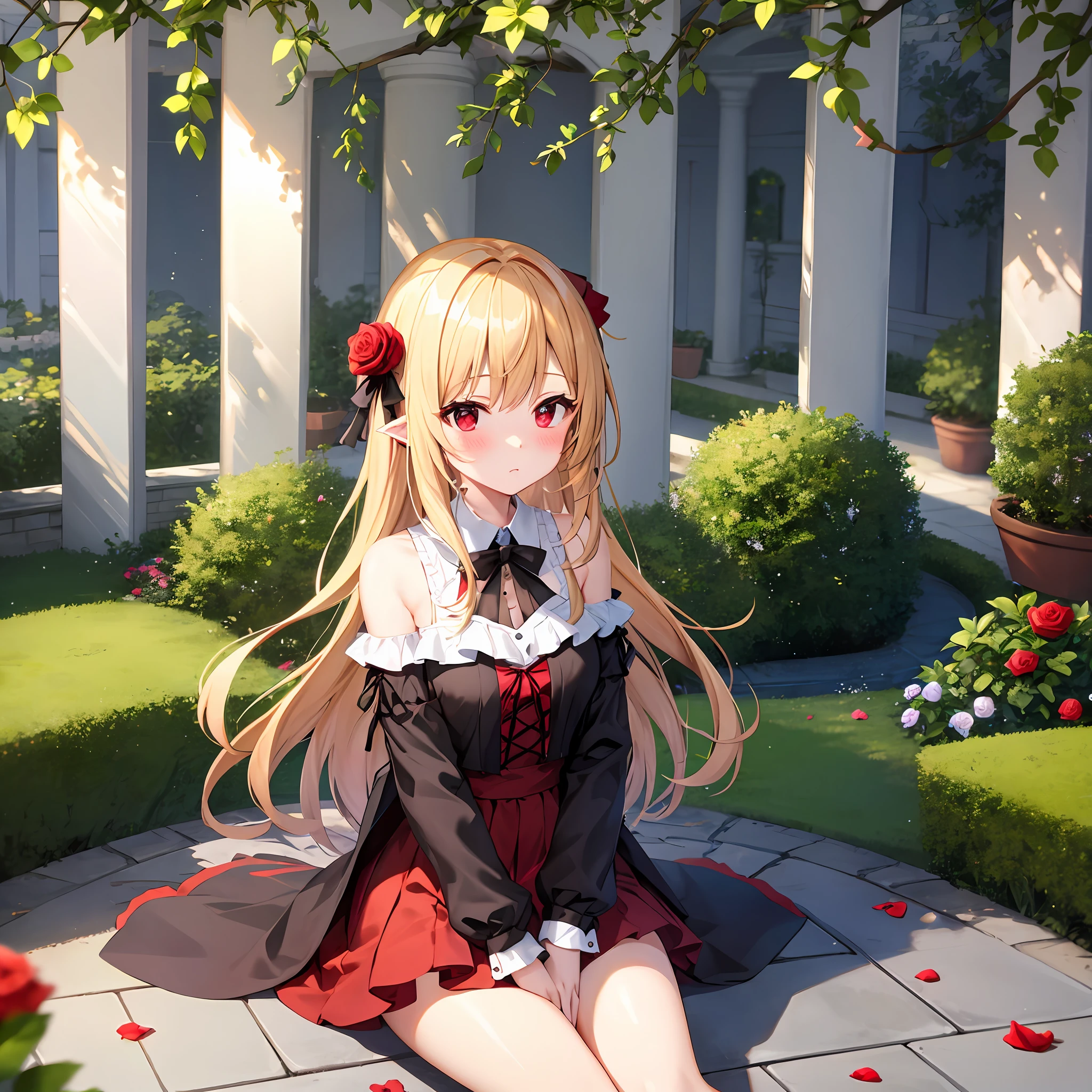 red blush、a blond、red eyes、Beautiful girl alone、animesque、独奏、doress、rose garden、lonely、sitting on、