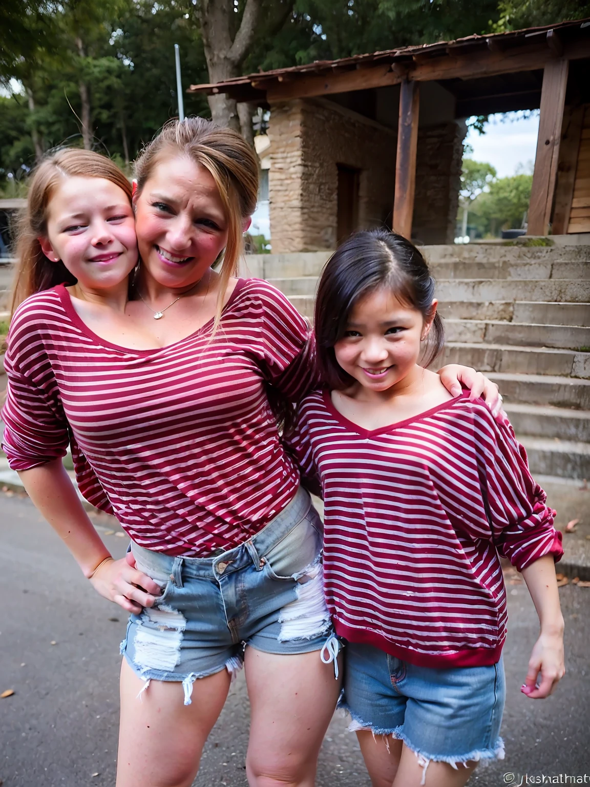 2heads, two headed girl, mom and daughter, (different ages:1.5), (one torso:1.5), (female:1.5), (caucasian:1.5), (two heads attached to one body:1.4), conjoined twins, heads side by side, one torso, young, uncomfortable, barefoot