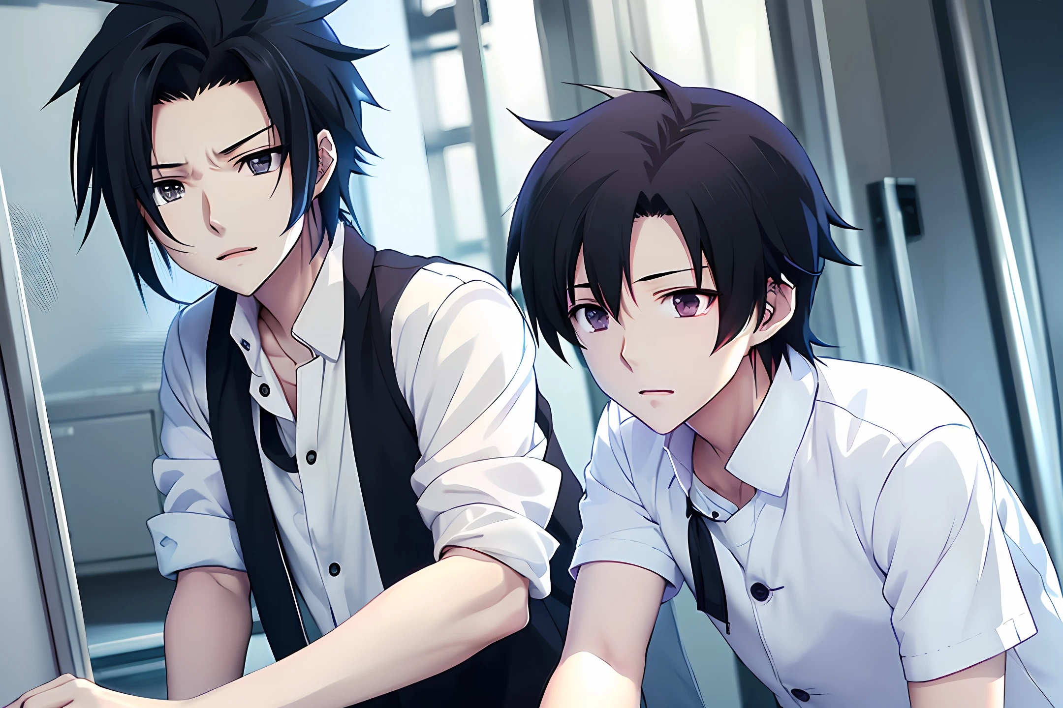 anime boy character cute black hair long white shirt