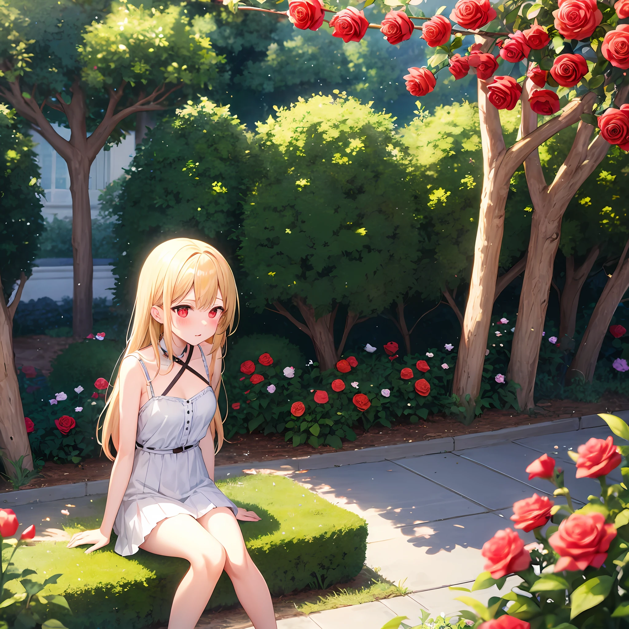 red blush、a blond、red eyes、Beautiful girl alone、animesque、独奏、doress、rose garden、lonely、sitting on、