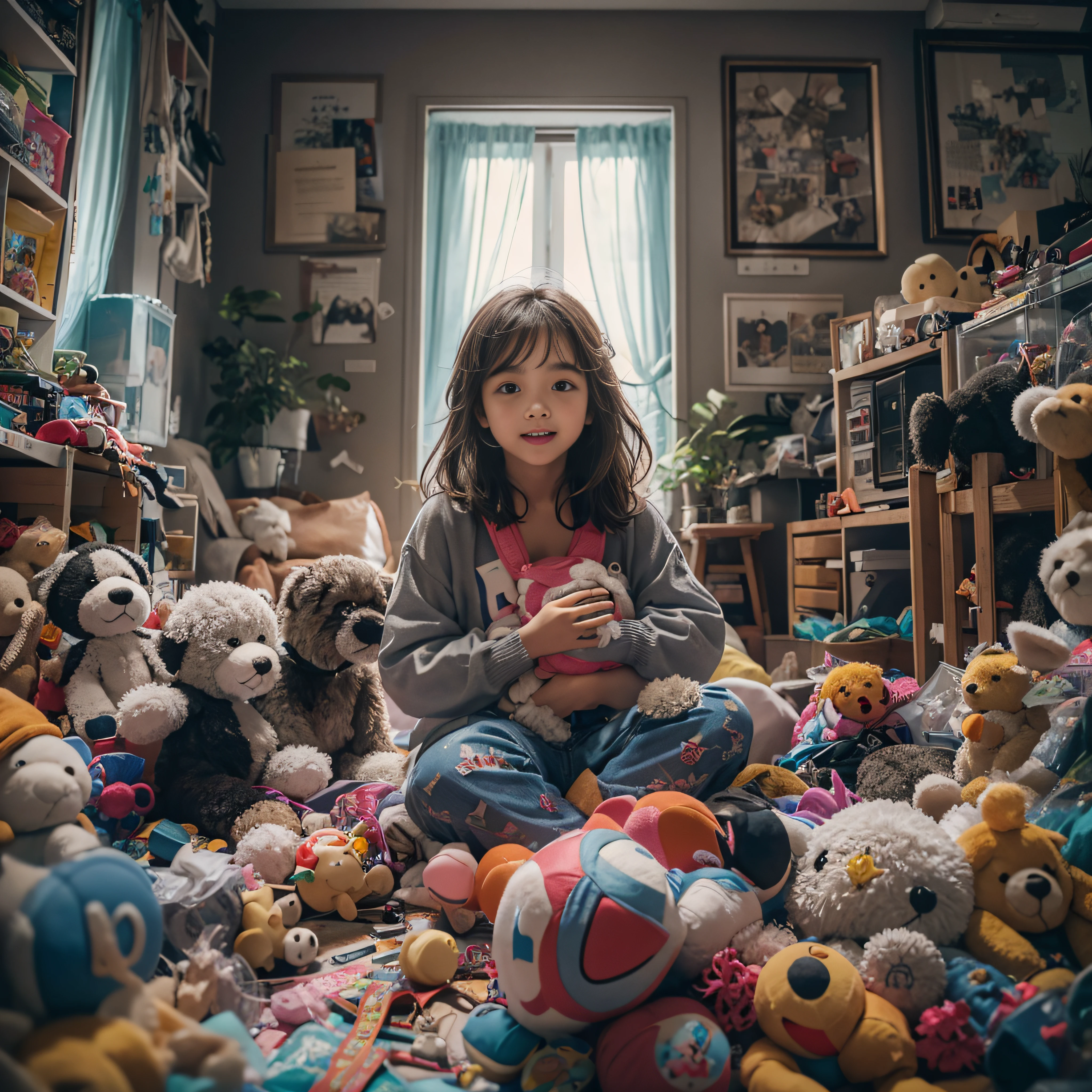 A holds a stuffed animal,Sit in a room full of toys,,cabelos preto e longos,By bangs,cheerfulness,校服,Rejoice,Perfect quality,Clear focus(Clutter - home:0.8), (tmasterpiece:1.2) (realisticlying:1.2) (Bokeh) (best qualtiy) (detailedskin:1.3) (complexdetails) (8K) (detailedeyes) (Sharp focus),(having fun)closeup cleavage
