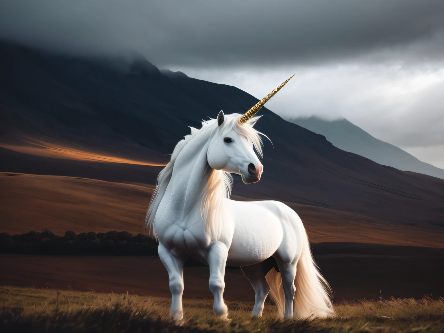 There is a white unicorn standing in a field with mountains in the background, white unicorn, a unicorn, unicorn, unicorn from the tusk movie, unicorns, dark unicorn horn, mytical creature, A mythical creature, unicorn flying in the sky, Marcos Adamus, foto altamente realista, mythical creatures, O melhor no Adobe Stock, Foto vencedora do concurso Unsplash, um cavalo todo branco