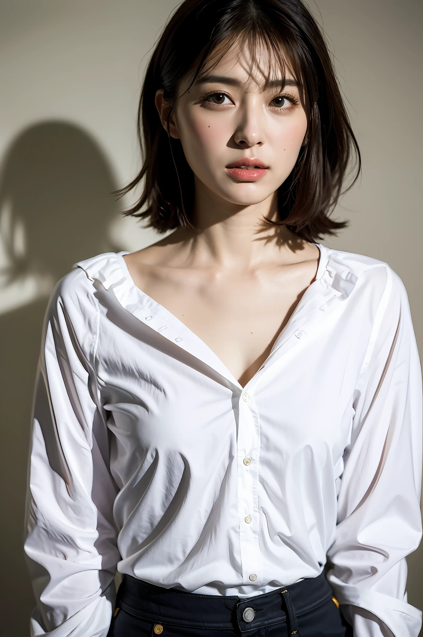 ((8K:1.27)、top-quality、​masterpiece、超A high resolution:1.2)Photo beautiful Chinese woman(pleasing:1.1) (White shirt:1.21) Design by Gregg Lutkowski and Alphonse Mucha Intricate Elegance、Fantasia、detail、Geometry、Gradient lighting、1girl in、Delicate skin、looking at the viewers、brown-eyed、(short hair with bangs:1.2)、(Medium chest:1.0)、(medium areola:0.8)、(realisitic:1.4)、(top-quality:1.0)、(超A high resolution:1.0)、8K、Raw photography、(​masterpiece:0.2)、(pureerosface_v1:0.5)、 car park、Be proud、Full body shot、