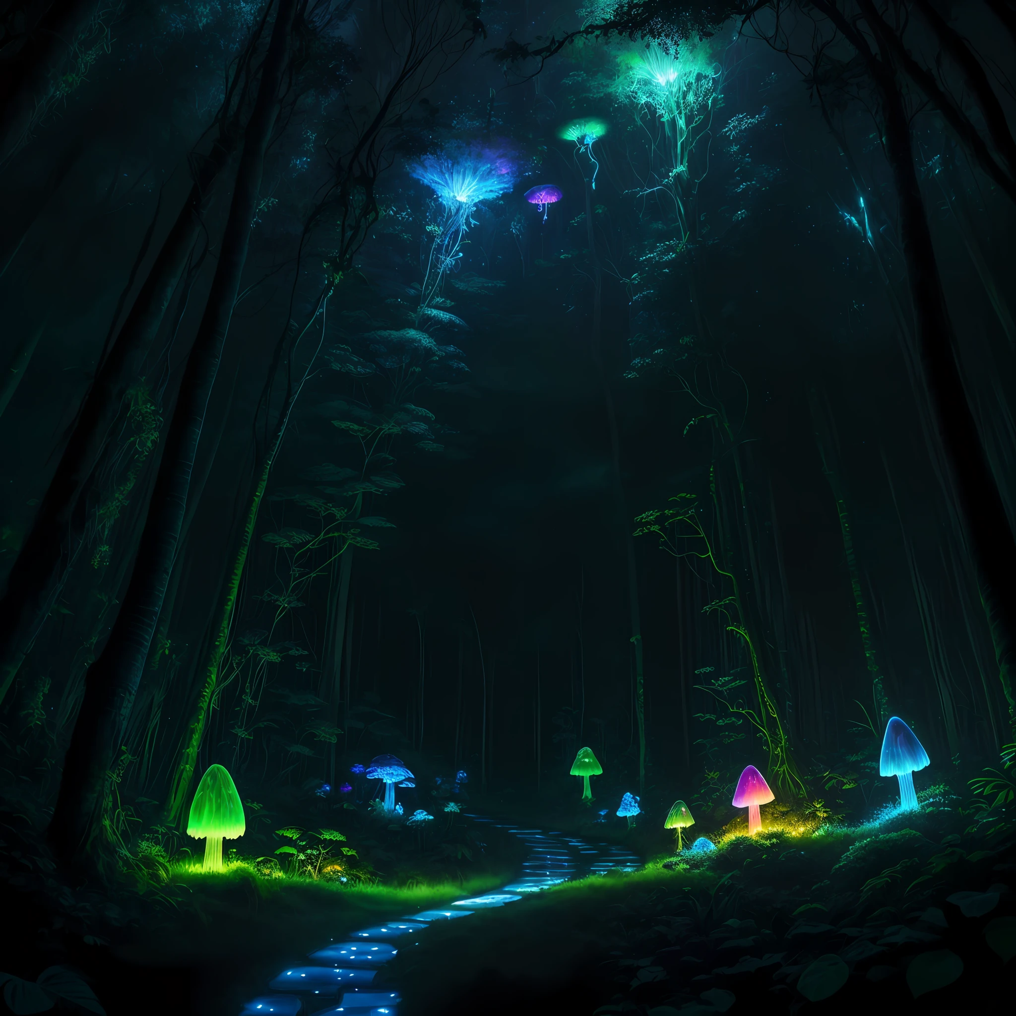 Enchanted Bioluminescent Jungle:
In a hidden corner of the world, lies an enchanted bioluminescent jungle that seems to belong to another realm. Giant iridescent mushrooms rise from the forest floor, casting an ethereal glow upon the exotic flora and fauna that thrive beneath their shimmering canopy. Plants with vibrant, neon-colored leaves twist and climb, creating an otherworldly maze of beauty. The ground is soft and adorned with magical glowing moss, guiding the path for curious travelers. Fireflies dance in the air like living lanterns, illuminating the night with their soft luminescence. Strange and gentle creatures roam the jungle, their phosphorescent bodies adding to the enchantment of this mystical landscape.