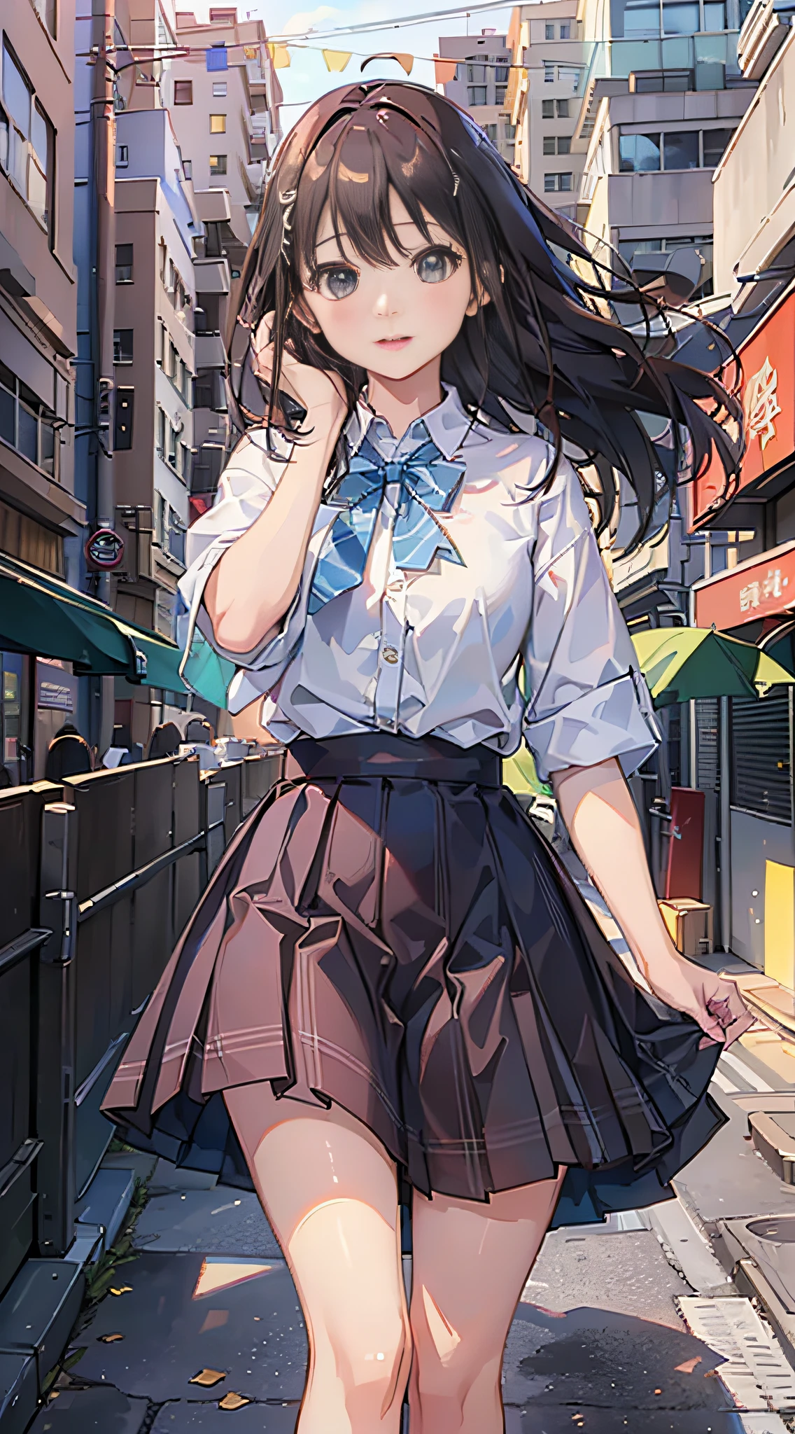 (8K、Raw photography、top-quality、​masterpiece:1.2)、Illustration Touch、ultra-detailliert、超A high resolution、女の子1人、dark brown  hair、azure eyes、In the street、High school students、校服、plaid skirts、((Skirts that turn over in strong winds))、(white  panties)