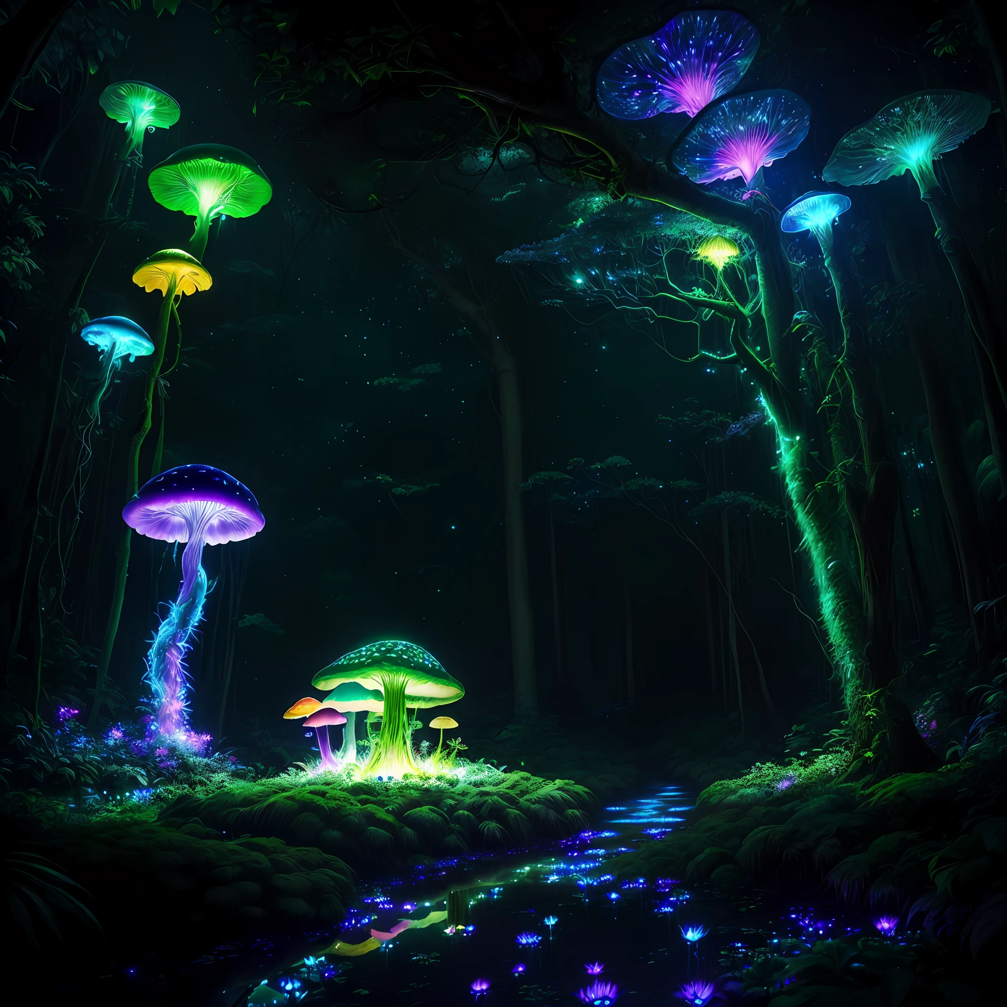 Enchanted Bioluminescent Jungle:
In a hidden corner of the world, lies an enchanted bioluminescent jungle that seems to belong to another realm. Giant iridescent mushrooms rise from the forest floor, casting an ethereal glow upon the exotic flora and fauna that thrive beneath their shimmering canopy. Plants with vibrant, neon-colored leaves twist and climb, creating an otherworldly maze of beauty. The ground is soft and adorned with magical glowing moss, guiding the path for curious travelers. Fireflies dance in the air like living lanterns, illuminating the night with their soft luminescence. Strange and gentle creatures roam the jungle, their phosphorescent bodies adding to the enchantment of this mystical landscape.