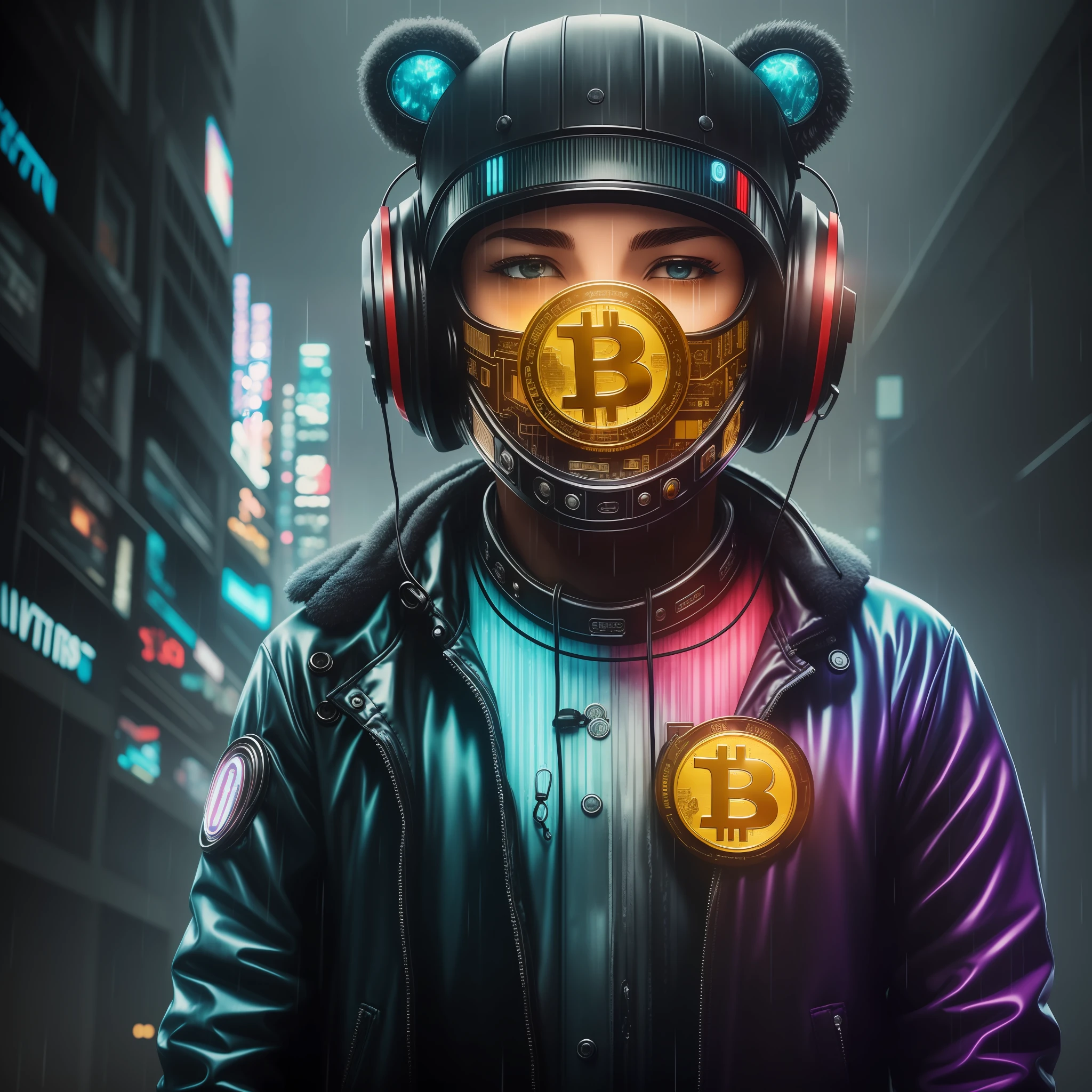 Create a breathtaking masterpiece with stunning effects, plush teddy, usando colar de bitcoin, wet, (cyberpunk:1.1), rain, epic realistic, rutkowski, hdr, intricate details, hyperdetailed, cinematic, rim light, muted colorsde