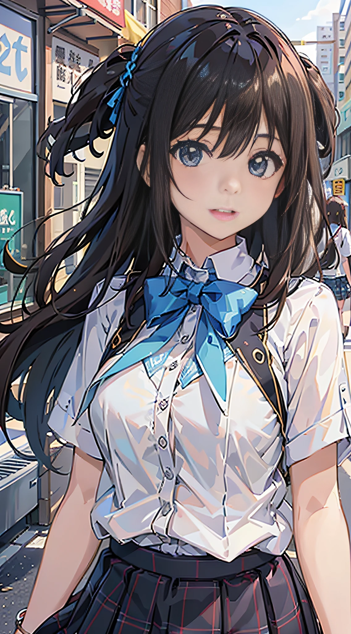 (8K、Raw photography、top-quality、​masterpiece:1.2)、Illustration Touch、ultra-detailliert、超A high resolution、女の子1人、dark brown  hair、azure eyes、In the street、High school students、校服、plaid skirts、Skirts that flip in strong winds、white panty