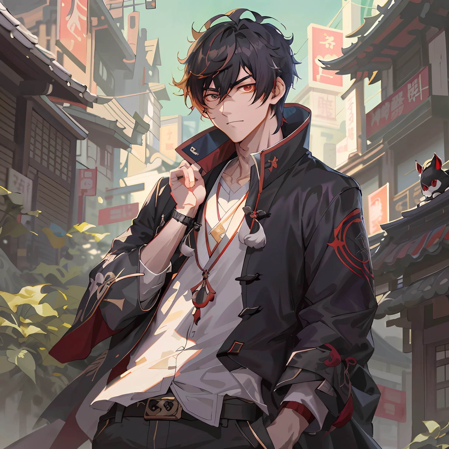 Anime - style image of a man in a black coat and white shirt, artwork in the style of guweiz, by Yang J, keqing from genshin impact, inspired by Bian Shoumin, inspired by Yanjun Cheng, handsome japanese demon boy, handsome guy in demon slayer art, guweiz, zhongli from genshin impact