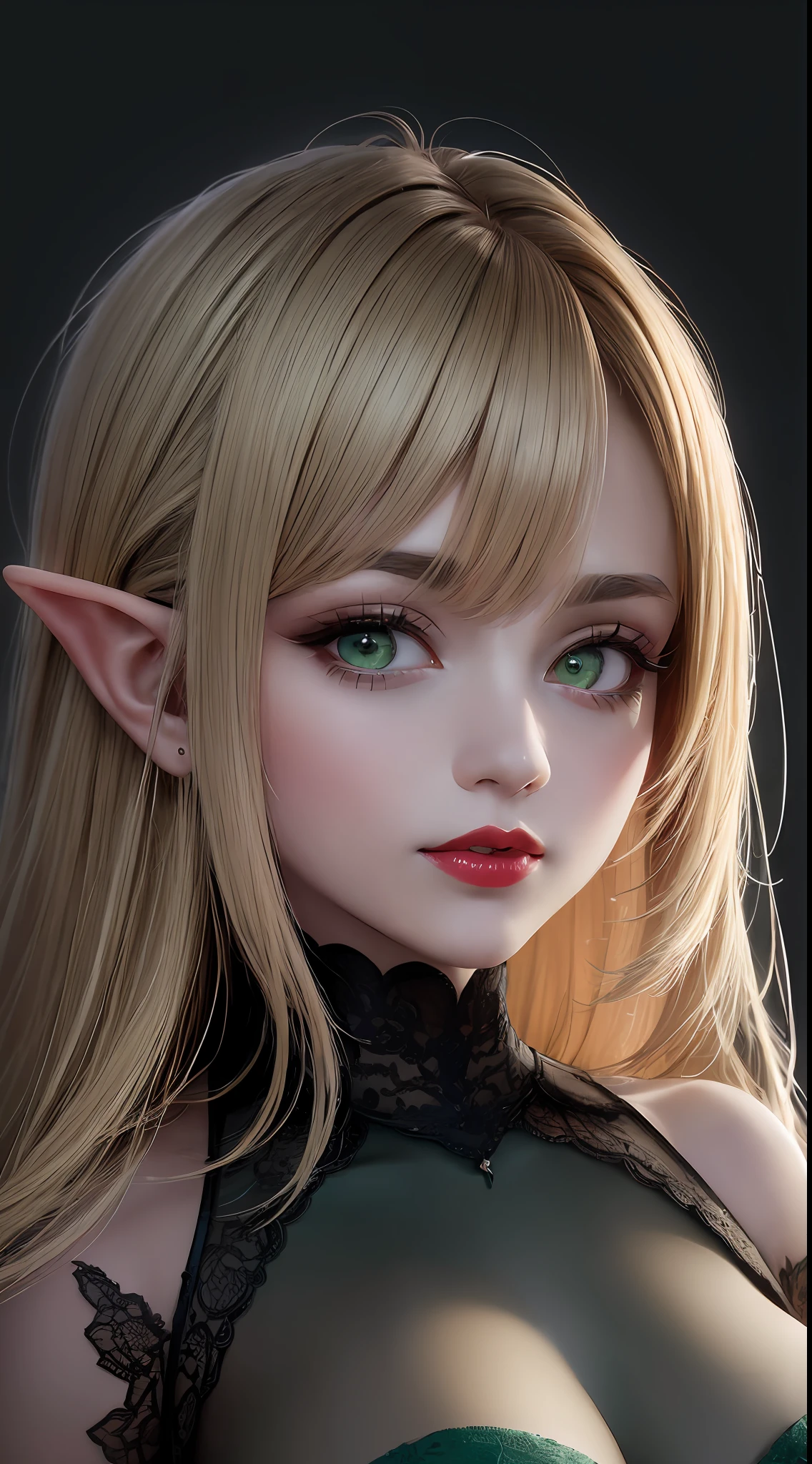(masterpiece, high resolution:1.3), (editorial portrait:1.2), (studio photography:1.1), (black background:1.1), (blonde elf hair:1.2), (elegant hairstyle:1.1), (bright emerald green eyes:1.2), (thick eyebrows:1.1), (plump and red lips:1.2), (delicate facial features:1.1), (smiling expression:1.1), (elf character:1.1), (mesmerizing gaze:1.2), (alluring charm:1.1), (revealing dress:1.2), (partially exposed cleavage:1.1), (radiant confidence:1.1), (graceful posture:1.1), (ethereal beauty:1.2). Captured using the Canon EOS R6 camera paired with the Canon RF 85mm f/1.2 L USM lens.