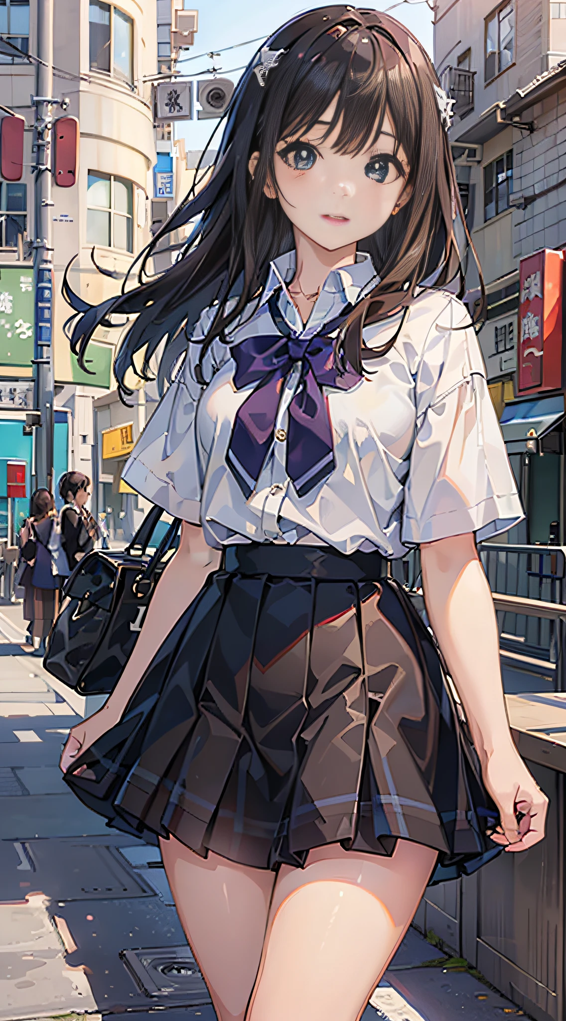 (8K、Raw photography、top-quality、​masterpiece:1.2)、Illustration Touch、ultra-detailliert、超A high resolution、女の子1人、dark brown  hair、azure eyes、In the street、High school students、校服、plaid skirts、Skirts that flip in strong winds、white panty