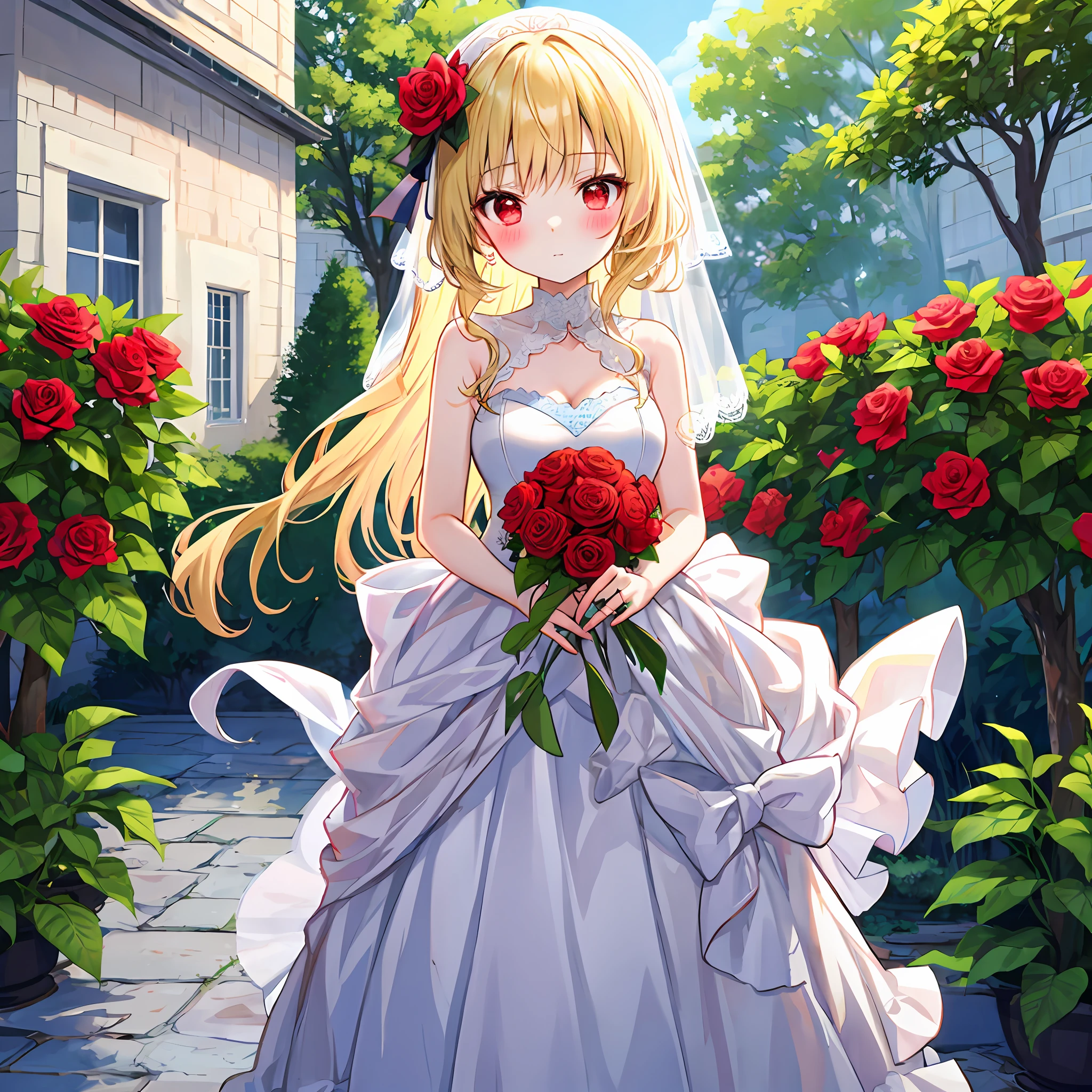 red blush、a blond、red eyes、Beautiful girl alone、animesque、独奏、weddingdress、rose garden、lonely