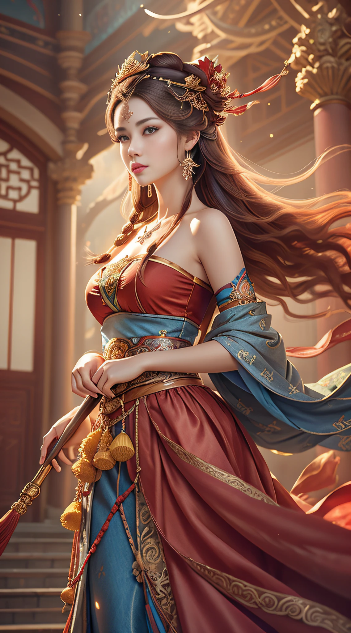 Best quality, masterpiece, ultra-detailed high resolution, (realistic: 1.4), original photos, illustrations,
1 Girl standing with a weapon, full body photo (solo: 1.2), (denim lens: 1.2), (hair crown: 1.2), Chinese Dunhuang traditional costume, strapless, (red eyeliner: 1.2), (: 1.4), earrings, dynamic angle, opera house, messy_long_hair, ink, movie lighting, lens_flare, velvet, chrysanthemum, tassel, ribbon, color embroidery,