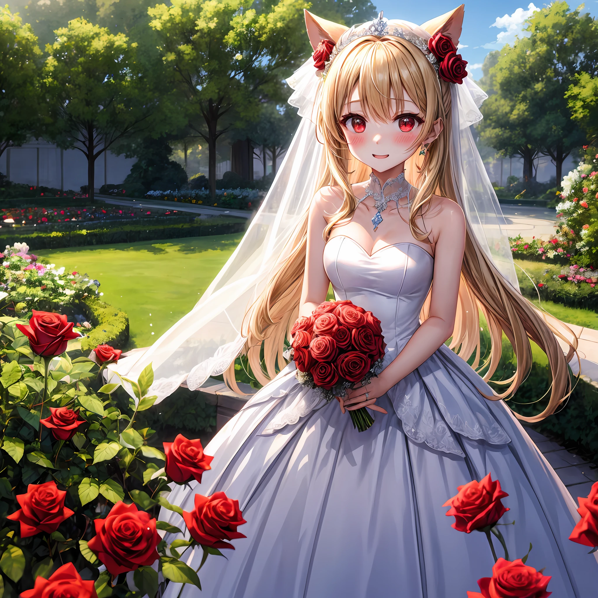 red blush、a blond、red eyes、Beautiful girl alone、animesque、独奏、weddingdress、rose garden、lonely