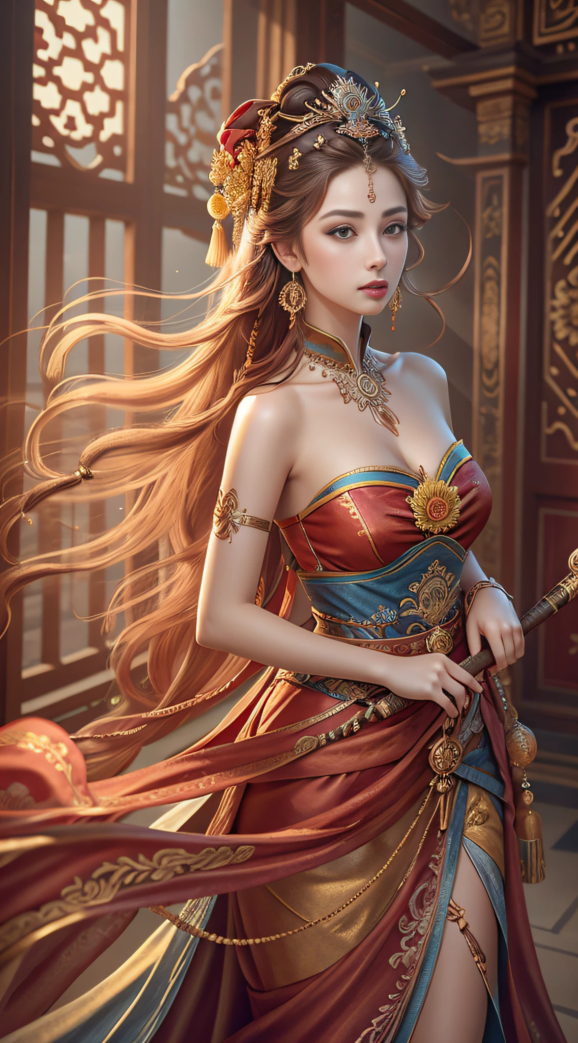 Best quality, masterpiece, ultra-detailed high resolution, (realistic: 1.4), original photos, illustrations,
1 Girl standing with a weapon, full body photo (solo: 1.2), (denim lens: 1.2), (hair crown: 1.2), Chinese Dunhuang traditional costume, strapless, (red eyeliner: 1.2), (: 1.4), earrings, dynamic angle, opera house, messy_long_hair, ink, movie lighting, lens_flare, velvet, chrysanthemum, tassel, ribbon, color embroidery,