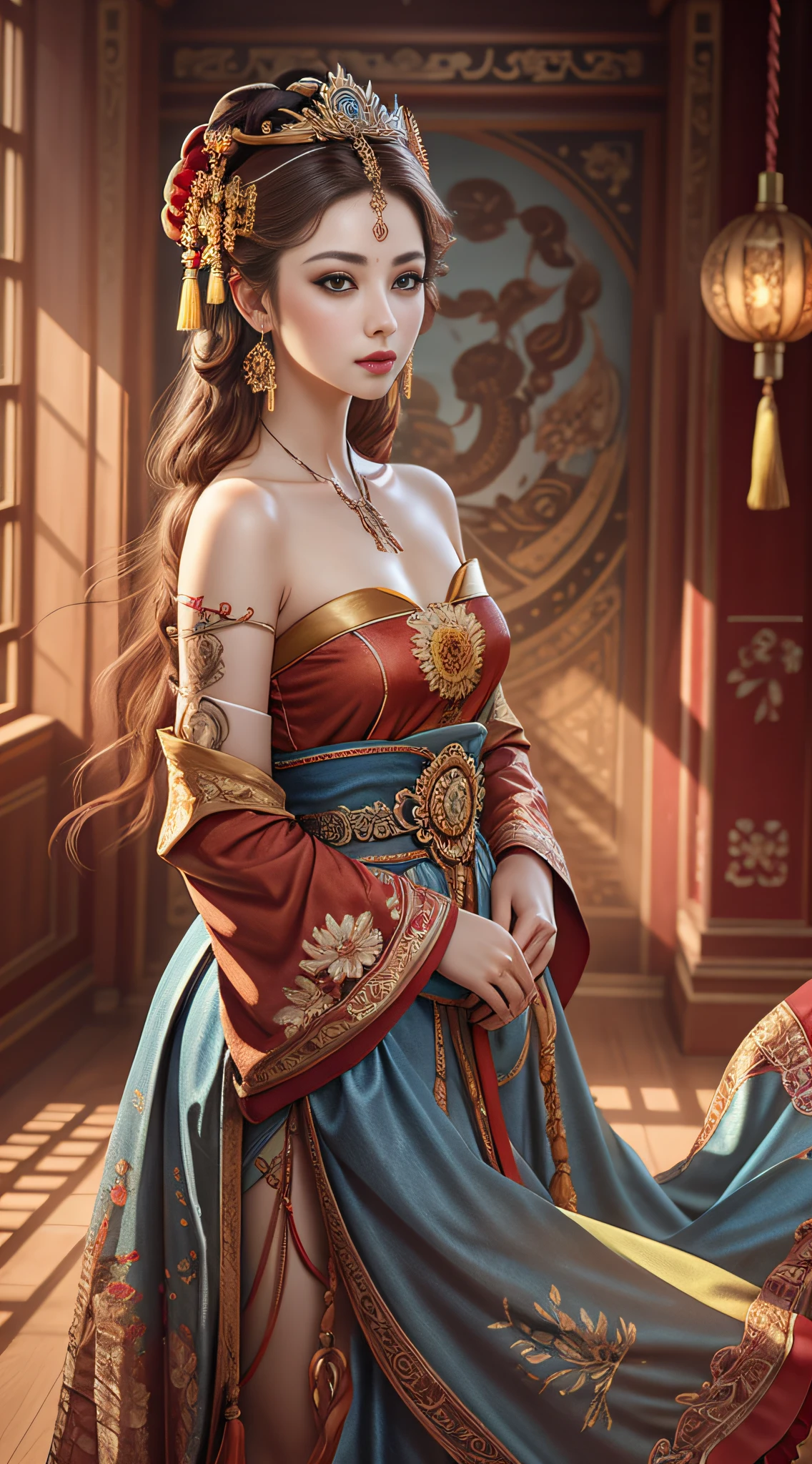 Best quality, masterpiece, ultra-detailed high resolution, (realistic: 1.4), original photos, illustrations,
1 Girl standing with a weapon, full body photo (solo: 1.2), (denim lens: 1.2), (hair crown: 1.2), Chinese Dunhuang traditional costume, strapless, (red eyeliner: 1.2), (: 1.4), earrings, dynamic angle, opera house, messy_long_hair, ink, movie lighting, lens_flare, velvet, chrysanthemum, tassel, ribbon, color embroidery,