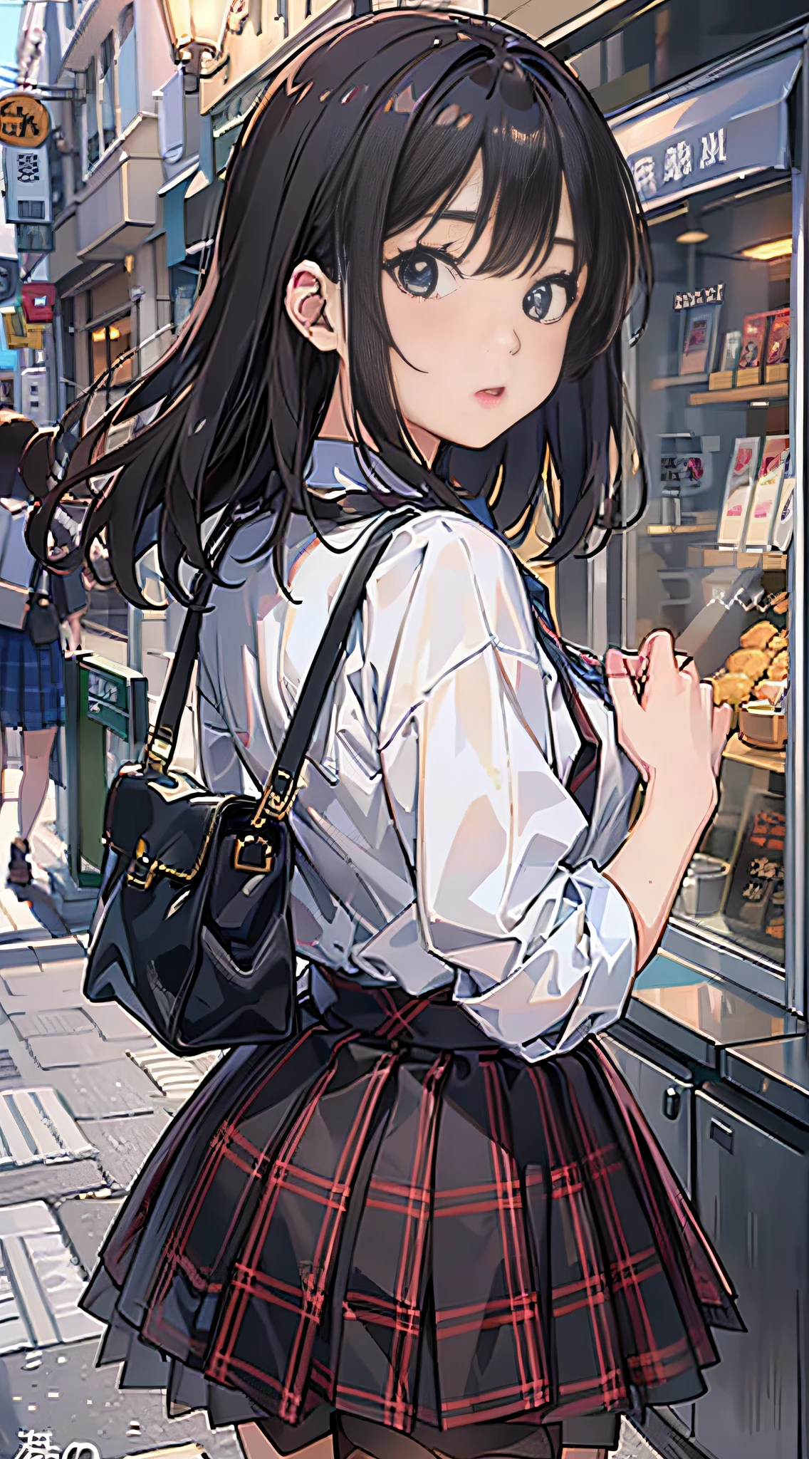 (8K、Raw photography、top-quality、​masterpiece:1.2)、Illustration Touch、ultra-detailliert、超A high resolution、***1人、dark brown  hair、azure eyes、In the street、High school students、校服、plaid skirts、Skirt flipping up in strong winds