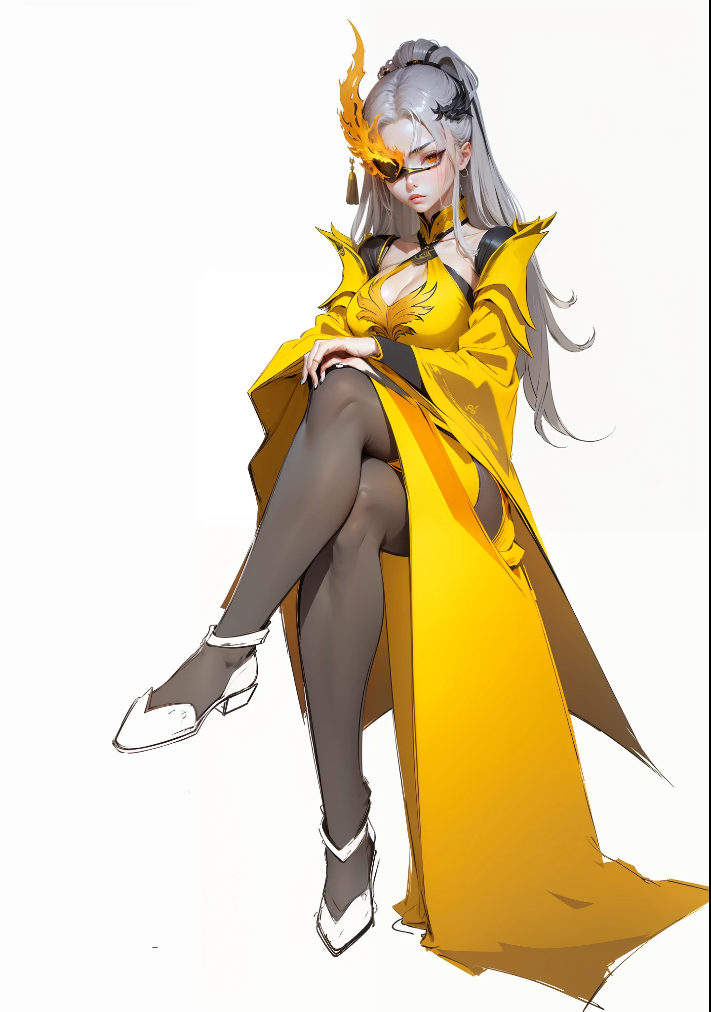 One eye is covered with a metal mask in the shape of a phoenix，Wearing black silk，Long legs，Wear yellow and orange gradient clothing，Orange-yellow gradient，Left and right shoulder armor shoulder armor，Clothes phoenix element，Metal trim on the edges of clothes，Original Drawing，Full body anime characters sitting，The hair is all tied up，Xianxia，ccurate，lightand shade contrast