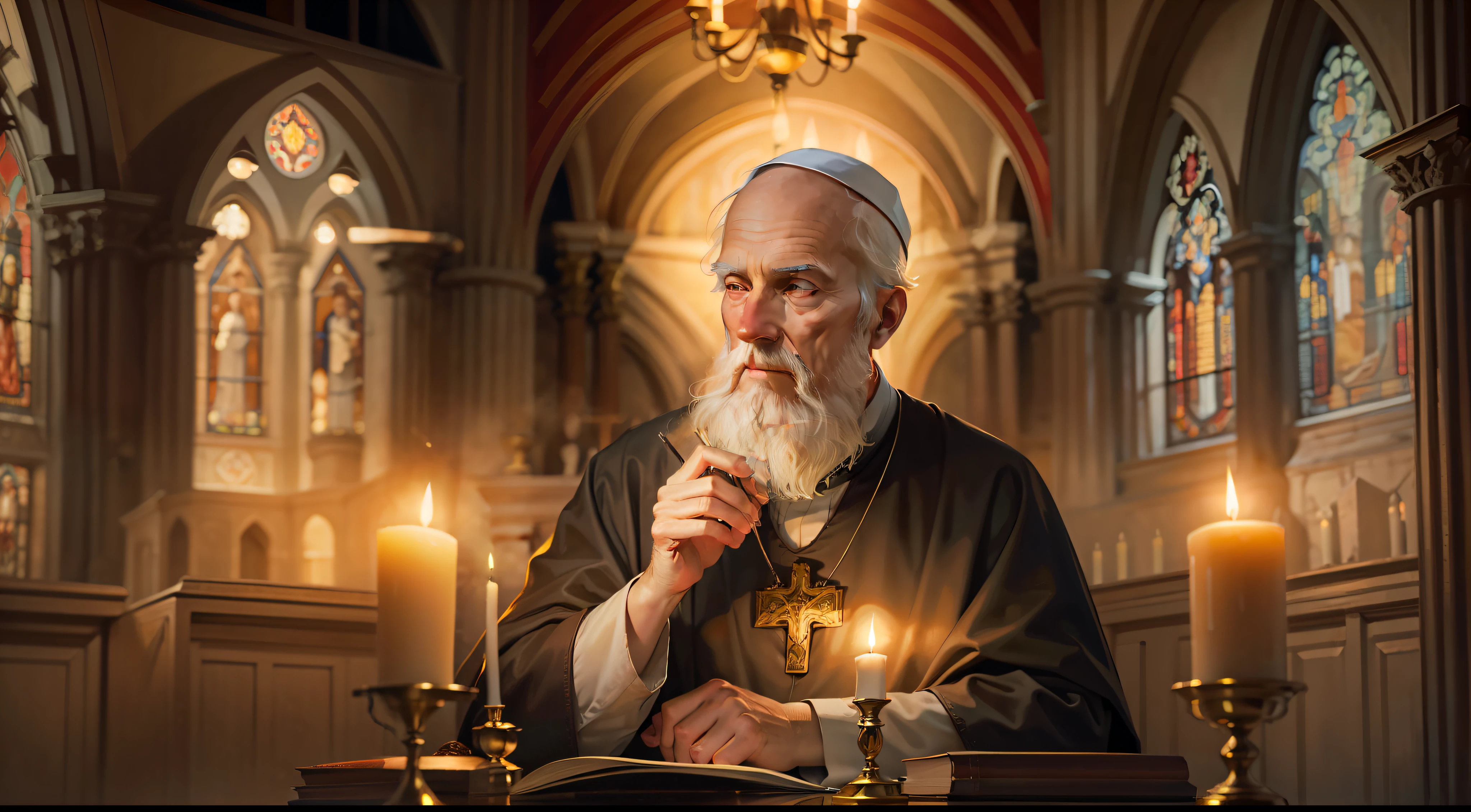 [a realistic painting of St. Benedict inside a candlelit church]