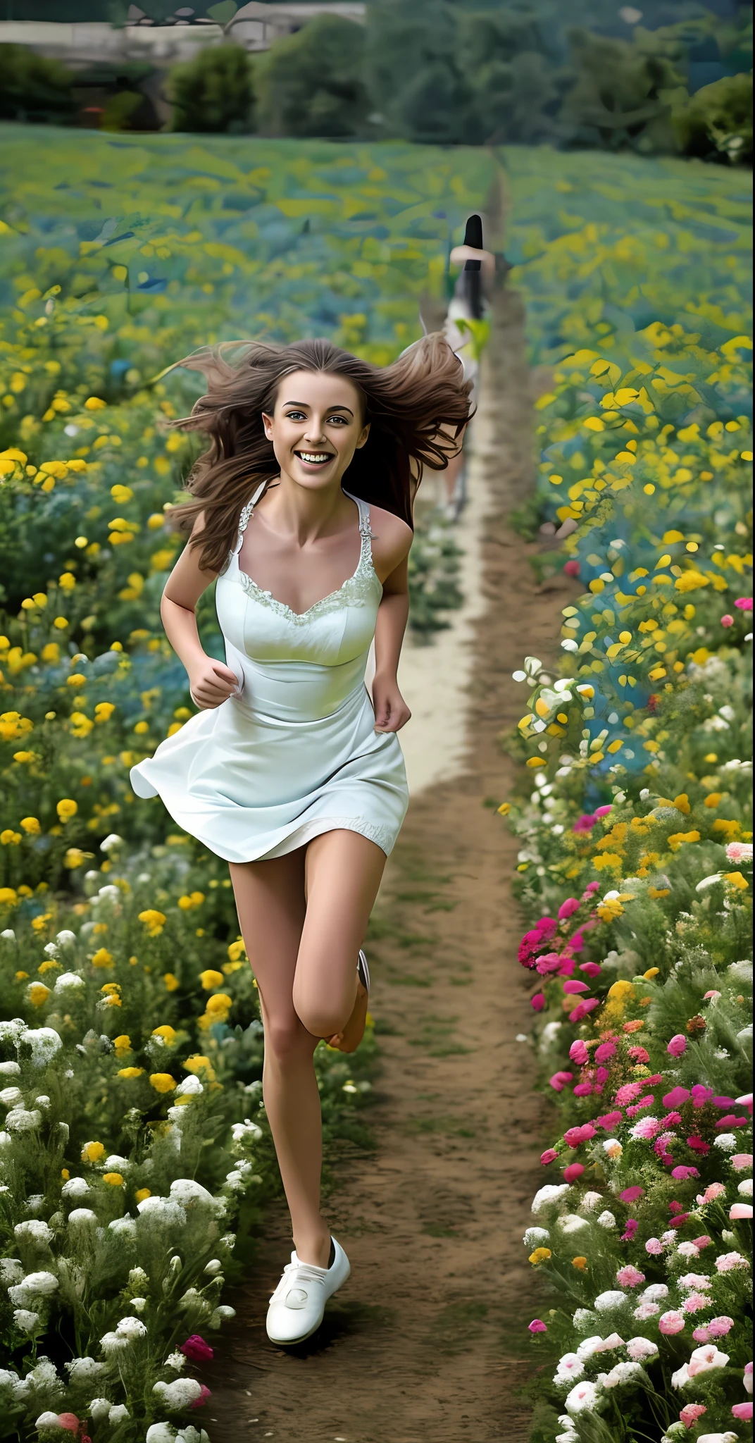 Arad woman in white dress running through a field of flowers, girl jumping in a flower field, girl dancing in a flower field, girl walking in a flower field, girl walking in a flower field, girl floating in a flower field, girl standing in flower field, Girl in flowers, Girl in a flower field, woman in flowers