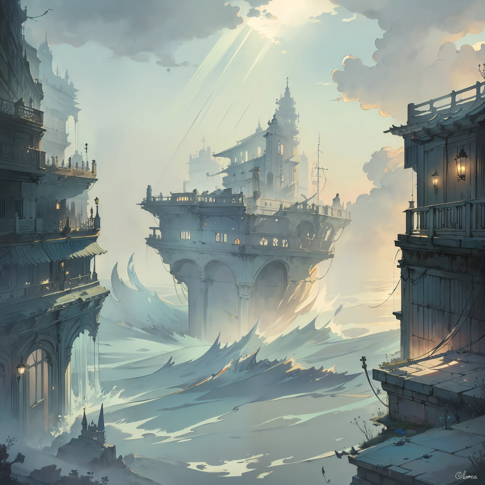 An underwater metropolis with glass buildings, raios de luz do sol penetrando pelas ondas, e uma grande criatura marinha espreitando nas profundezas.
