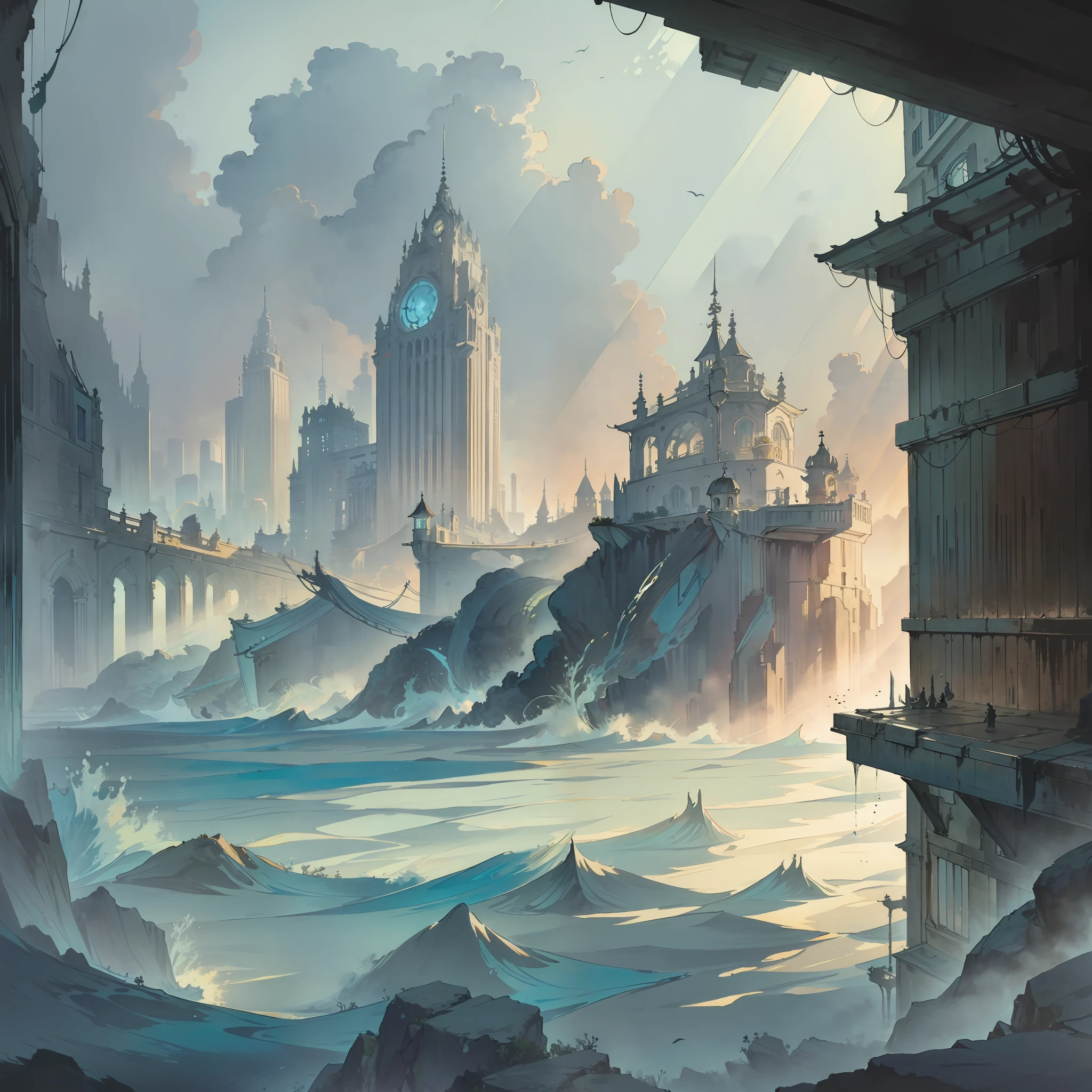 An underwater metropolis with glass buildings, raios de luz do sol penetrando pelas ondas, e uma grande criatura marinha espreitando nas profundezas.