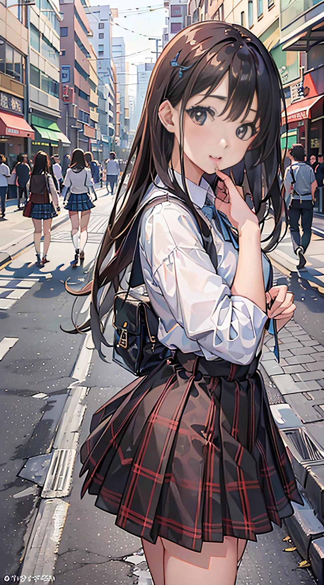 (8K、Raw photography、top-quality、​masterpiece:1.2)、Illustration Touch、ultra-detailliert、超A high resolution、1人、dark brown  hair、azure eyes、In the street、High school students、校服、plaid skirts、rides a bike
