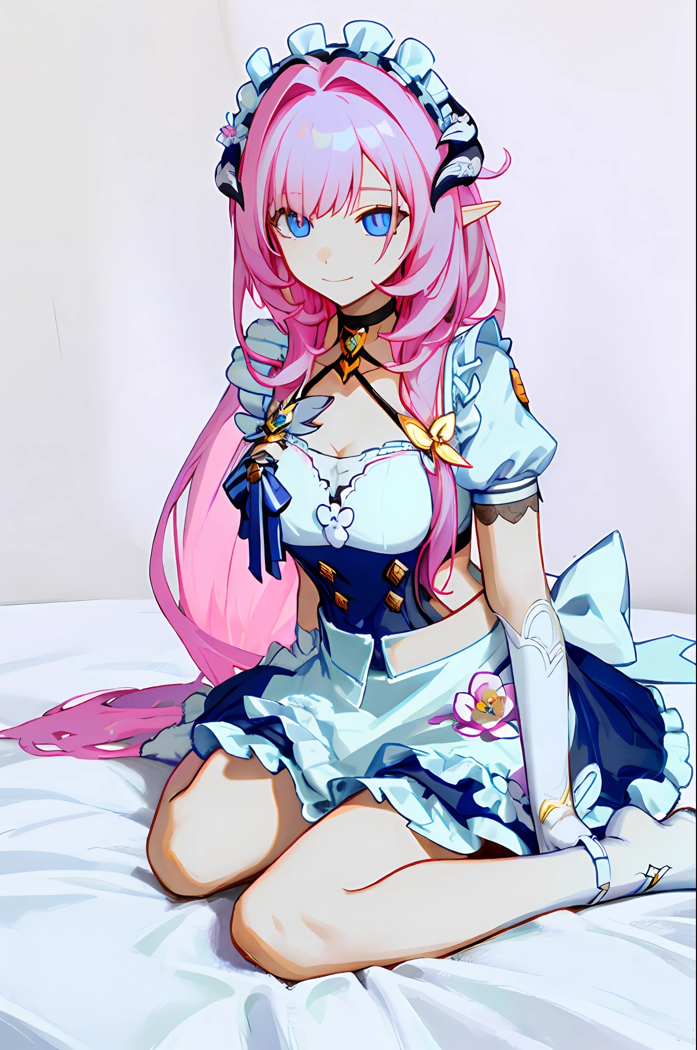 (Realistic painting style:0.9),tmasterpiece,best qualityer,hoang lap,Alicia(Miss Pink Leprechaun)(honkai impact),Pupil of the slit,Alicia(honkai impact),the elf,pointy ears,1girll,Pink hair,独奏,mitts,nedium breasts,maidennurse,upper legs,maid headdress,long whitr hair,white thighhig,looking at viewert,,eBlue eyes,By bangs,whitegloves,aprons,frilld,short- sleeved,Keep one's mouth shut,shift dresses,sitted,gloves on the elbow,maid apronl, Women's clothing, alternate costume, ssmile, frill dress, kneesup, frilly apron, puffy sleeves, Official alternative costumes, puffy short sleeves, Pink pupils, Fake Horns