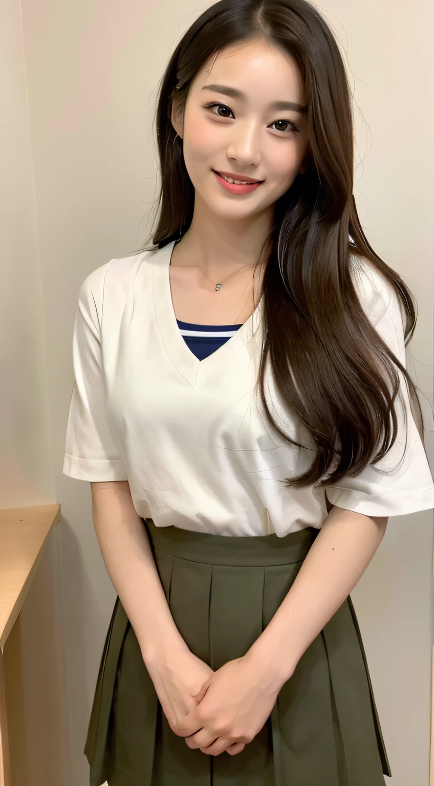 ((top-quality、8K、masterpiece:1.3))、Beautiful woman with perfect body shape:1.4、(Brown Long Hair、small tits:1.3)、Casual wear、Schools、Highly detailed facial and skin texture、A detailed eye、二重まぶた、A smile:1.5、full body Esbian、student clothes、japanese sailor suits、skirt by the