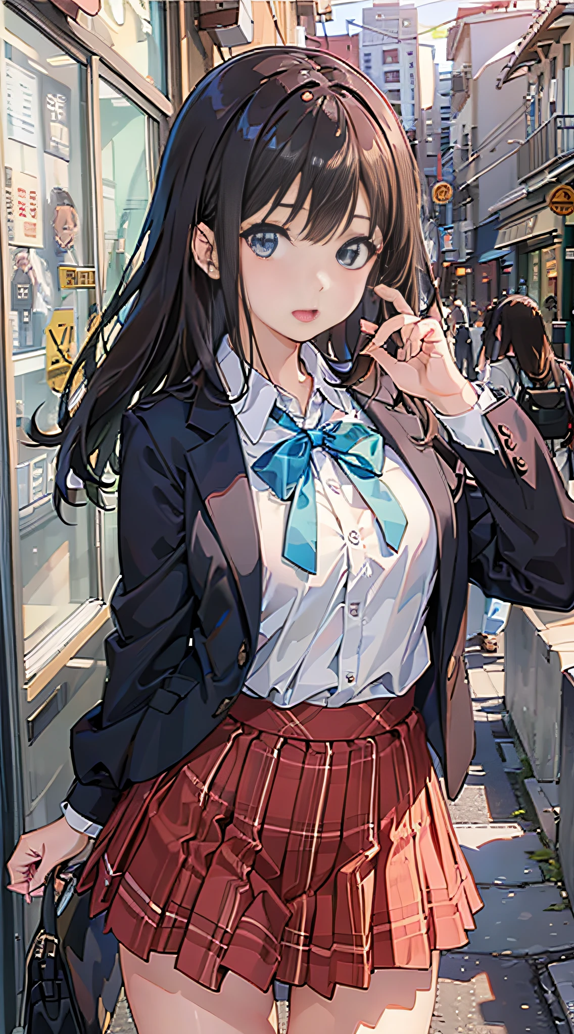 (8K、Raw photography、top-quality、​masterpiece:1.2)、Illustration Touch、ultra-detailliert、超A high resolution、女の子1人、dark brown  hair、azure eyes、In the street、High school students、校服、Plaid skirt