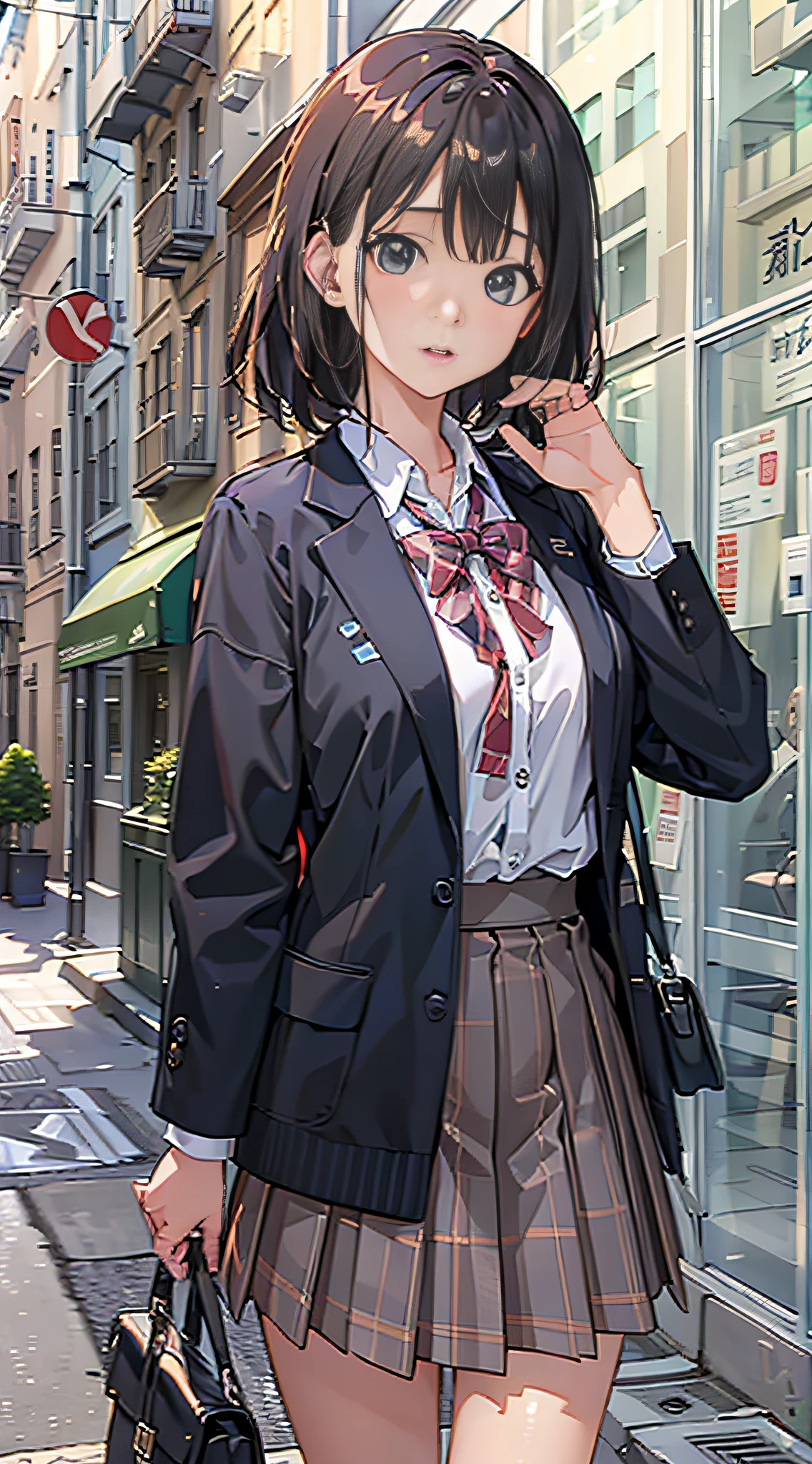 (8K、Raw photography、top-quality、​masterpiece:1.2)、Illustration Touch、ultra-detailliert、超A high resolution、***1人、dark brown  hair、azure eyes、In the street、High school students、校服、Plaid skirt