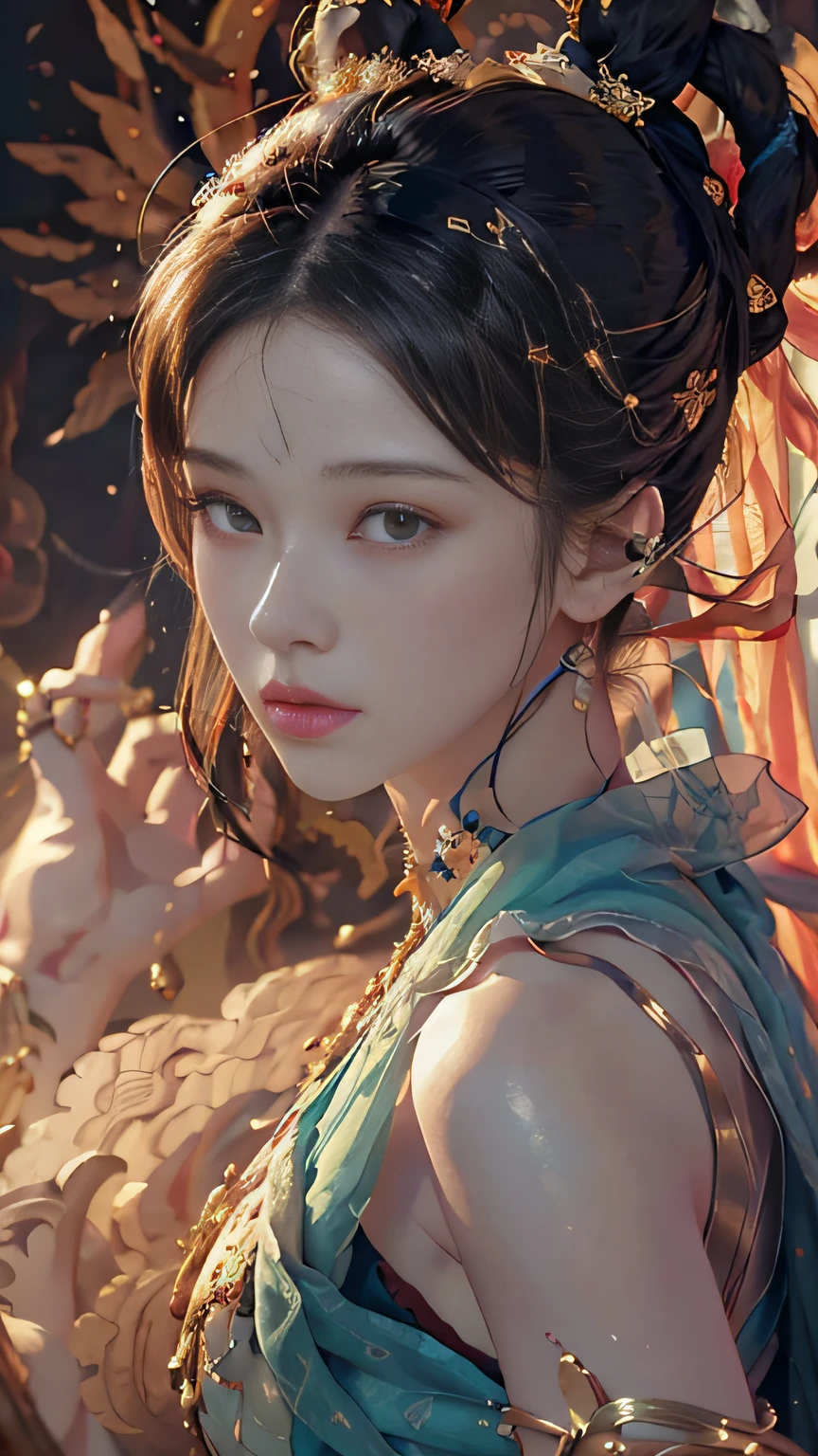 (RAW photo, best quality), (realistic, photo-realistic:1.3),best quality,highly detailed,masterpiece,ultra-detailed,illustration,1girl,upper_body,dynamic angle,world masterpiece theater,messy_long_hair,best quality,extremely detailed CG unity 8k wallpaper,ink,Amazing,cinematic lighting,lens_flare,,dunhuang_style