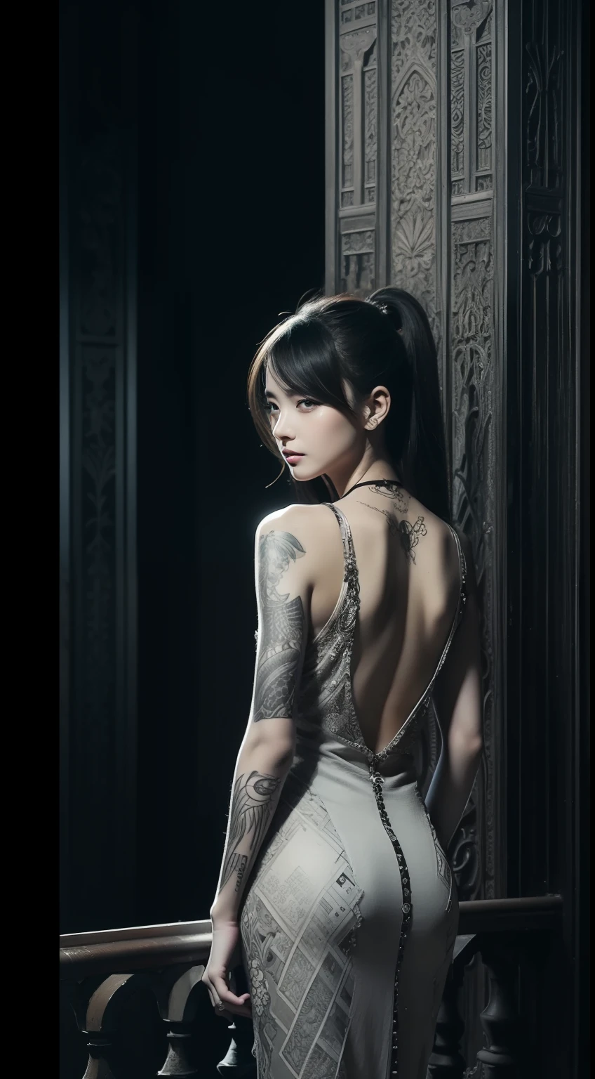 tmasterpiece，1 woman，Woman with tattoo on her back, with his back to the viewer，Look back at the audience， great digital art with details, stunning digital art, Beautiful digital artwork, highly detailed digital artwork, Exquisite digital artwork, inspired by Shinoda Toko, highly detailed vector art, amazing detail digital art, Highly detailed digital art，At the top，On the balcony，Black and white style，（Black and white tones：1.3）。