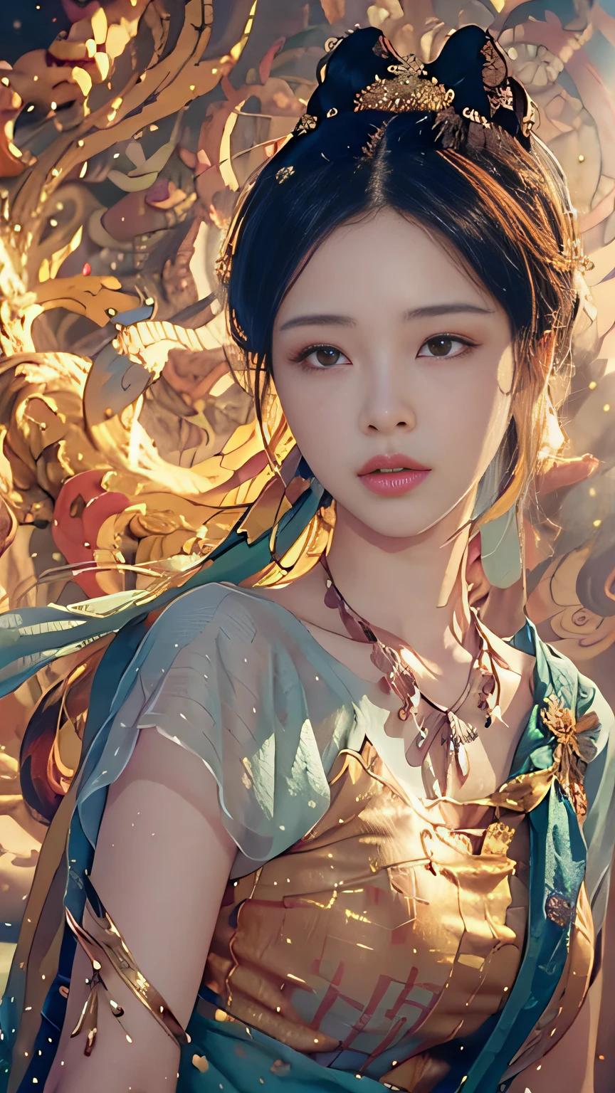 (RAW photo, best quality), (realistic, photo-realistic:1.3),best quality,highly detailed,masterpiece,ultra-detailed,illustration,1girl,upper_body,dynamic angle,world masterpiece theater,messy_long_hair,best quality,extremely detailed CG unity 8k wallpaper,ink,Amazing,cinematic lighting,lens_flare,,dunhuang_style