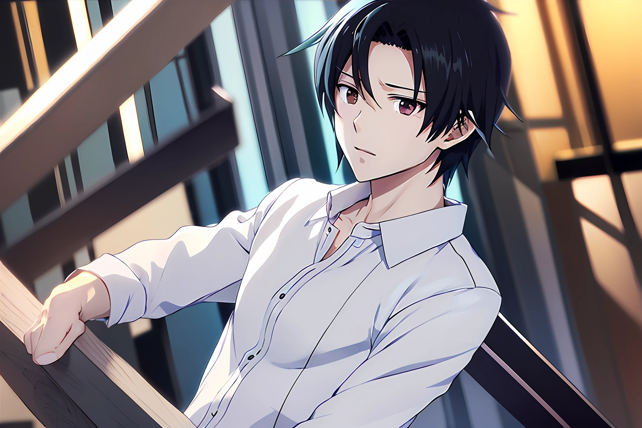 anime boy character cute black hair long white shirt