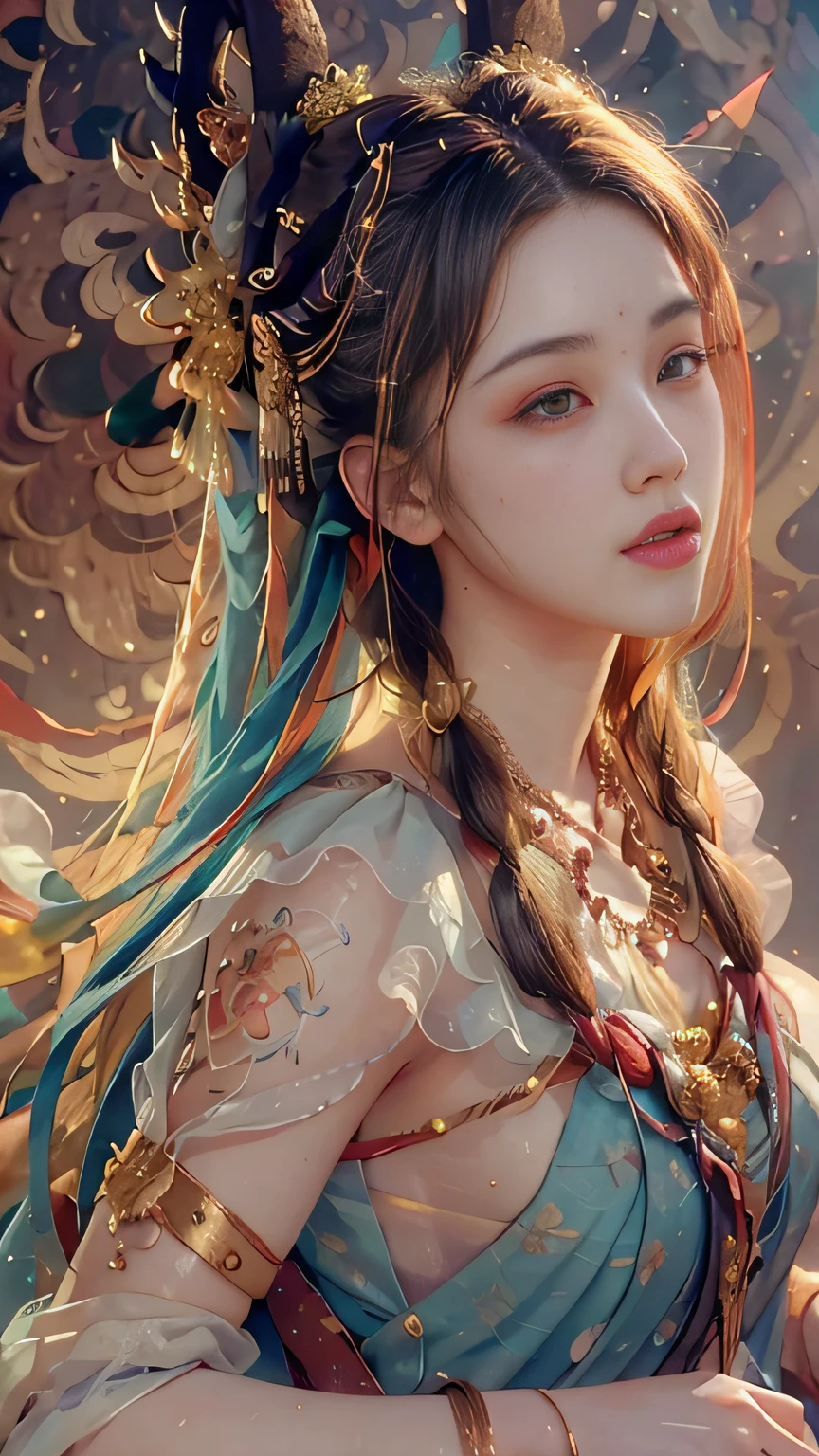 RAW Photo, Best Quality), (Realistic, Photo Realistic: 1.3), Best Quality, Highly Detailed, Masterpiece, Hyperdetail, Illustration, 1 Girl, upper_body, Dynamic Angle, World Masterpiece Theater, messy_long_hair, Best Quality, Extremely Detailed CG Uniform 8k Wallpaper, Ink, Amazing, Cinematic Lighting, lens_flare,dunhuang_style