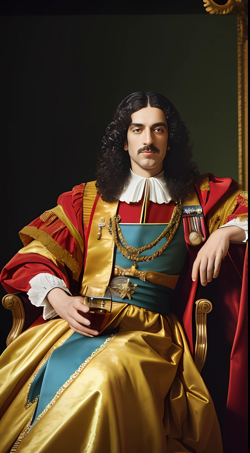 {King Charles II of England poised with a whisky glass, draped in rich 17th-century royal attire}, In the style of the Baroque era, Art Inspiration: Greg Rutkowski, Camera: Medium Telephoto, Shot: Medium Shot, Render Related Information: (detail:1.3), (historical accuracy:1.15), (Baroque:1.2), (lighting: ambient light), (color type: fantasy vivid colors), (render: Octane render), (resolution: 8K)