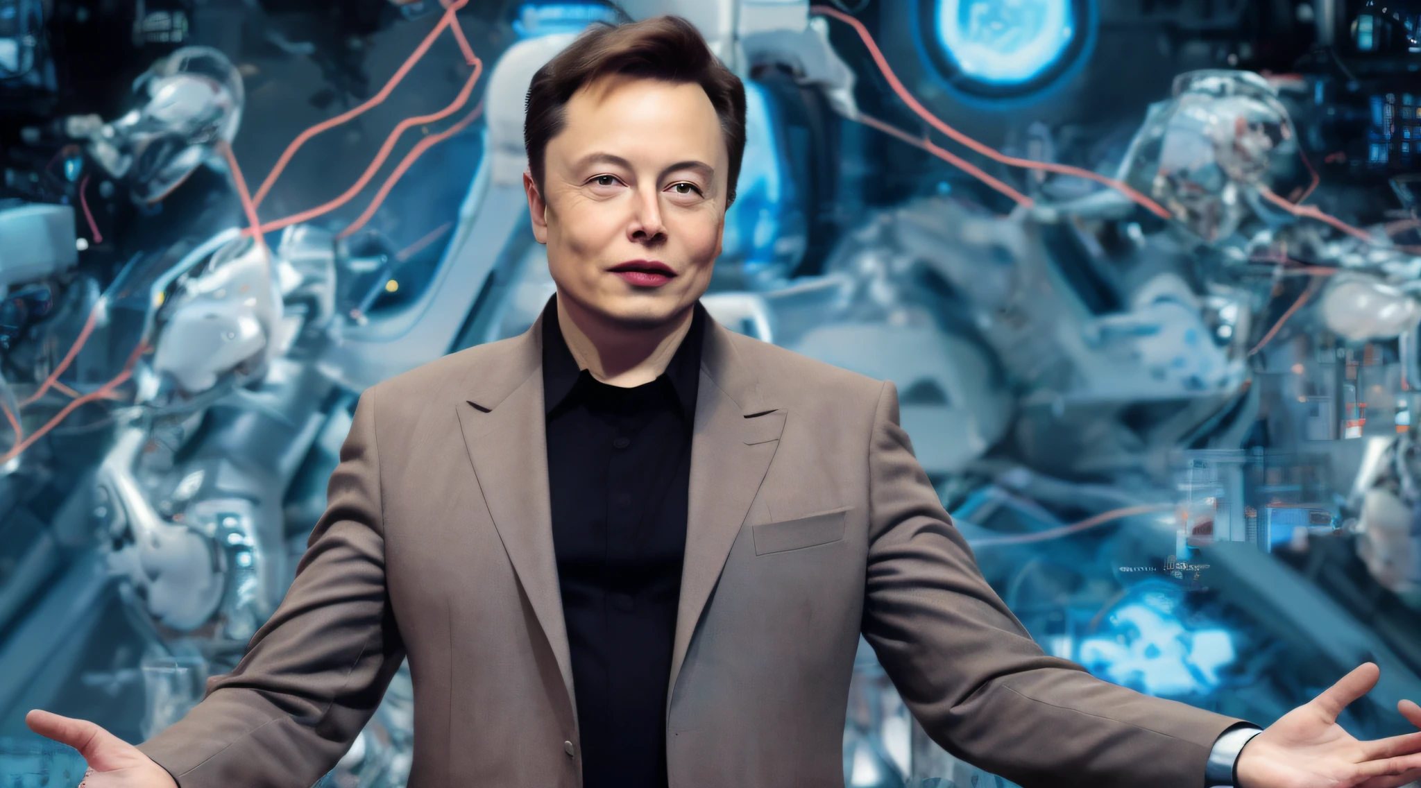 Elon Musk, fifty years old, talking about artificial intelligence, visionary, realistic image