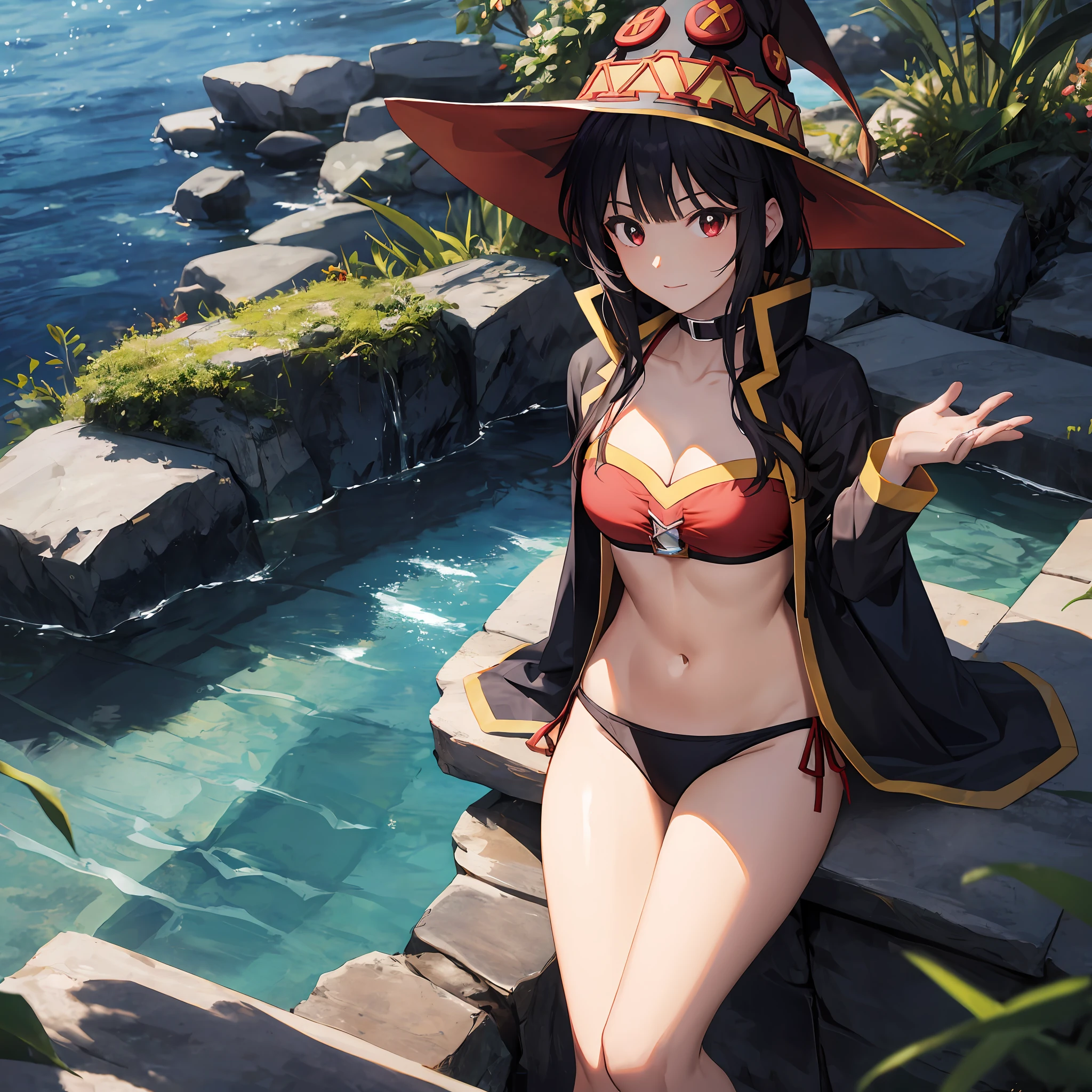 realista, foto, bonita, obra-prima, melhor qualidade, 1girl (Megumin do anime konosuba), solo, sam yang, nadador, sbikini, elegant bikini, peito pequeno, decote, linha bronzeada, foto retrato, olhando para o espectador, rosto detalhado, olhos longos detalhados (red eyes), cabelo detalhado(cabelos castanhos), parcialmente submerso, piscina ao ar livre, pele molhada, cabelo curto molhado, detalhes intrincados, sombra, Uplighting, ray tracing, High quality water, realistic water, HD, 4k