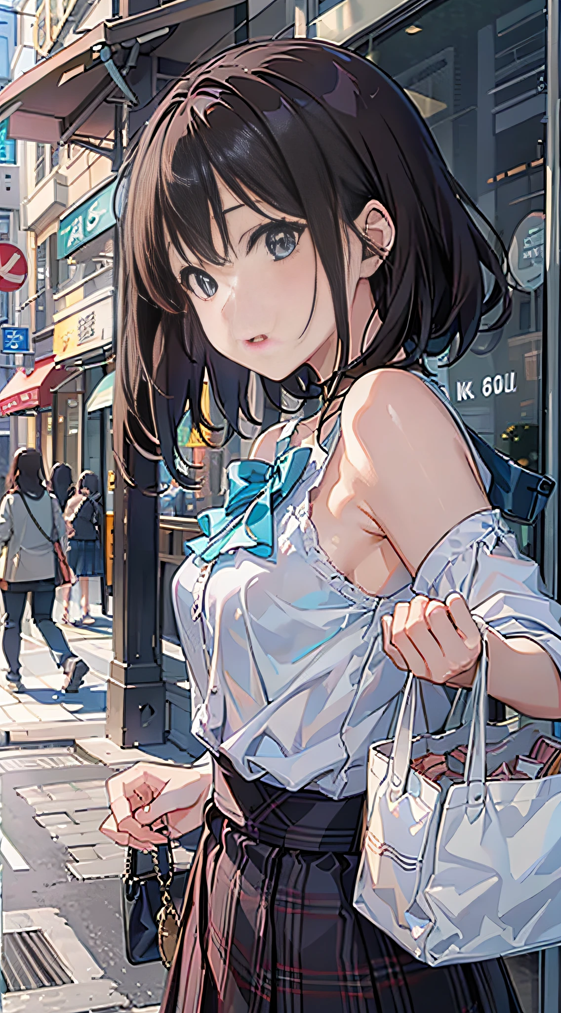 (8K、Raw photography、top-quality、​masterpiece:1.2)、Illustration Touch、ultra-detailliert、超A high resolution、女の子1人、dark brown  hair、azure eyes、In the street、stroll、Casual clothing