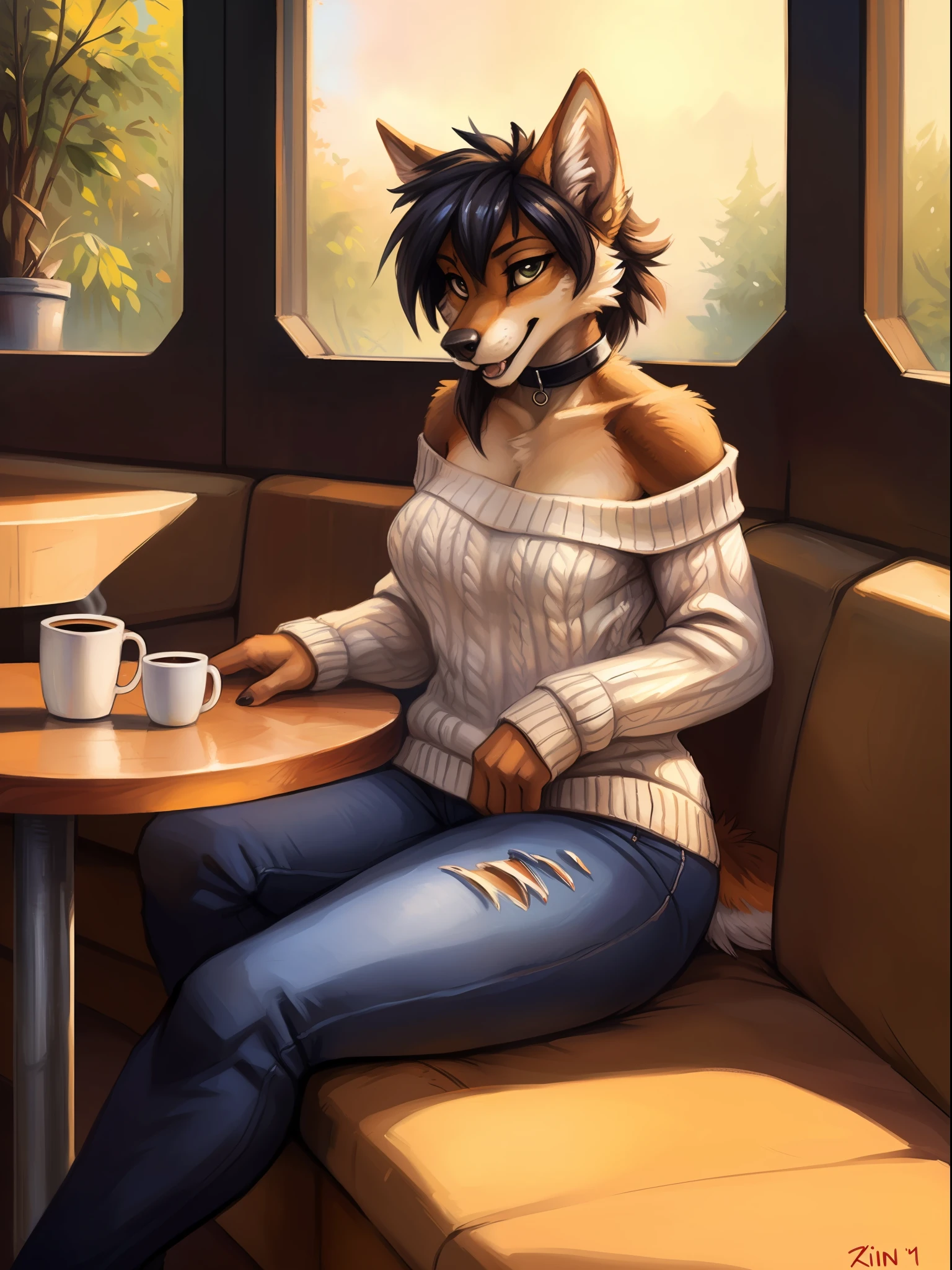 fluff-kevlar, by Zackary911, by Kenket, by Kilinah, by fluff-kevlar, (masterpiece), (best quality), (anthro furry:1.3, snout:1.2, anthro:1.3, furry:1.2, solo female:1.2), (extremely detailed:1.3), (extremely detailed eyes), (extremely detailed mouth), (muscular figure, thick figure), (wide hips), (thick thighs), black jeans, choker, wearing an off-shoulder sweater, day time, (coffee shop background), sitting in a booth, (perfect posture, king expression),
