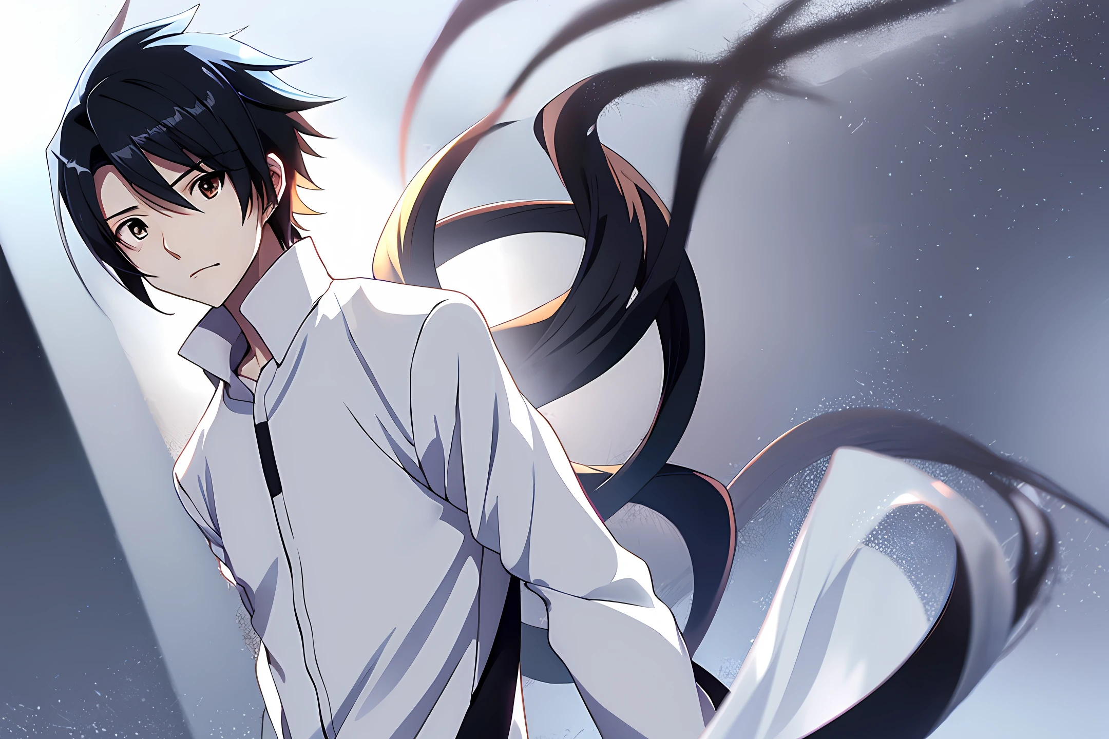 anime boy character cute black hair long white shirt
