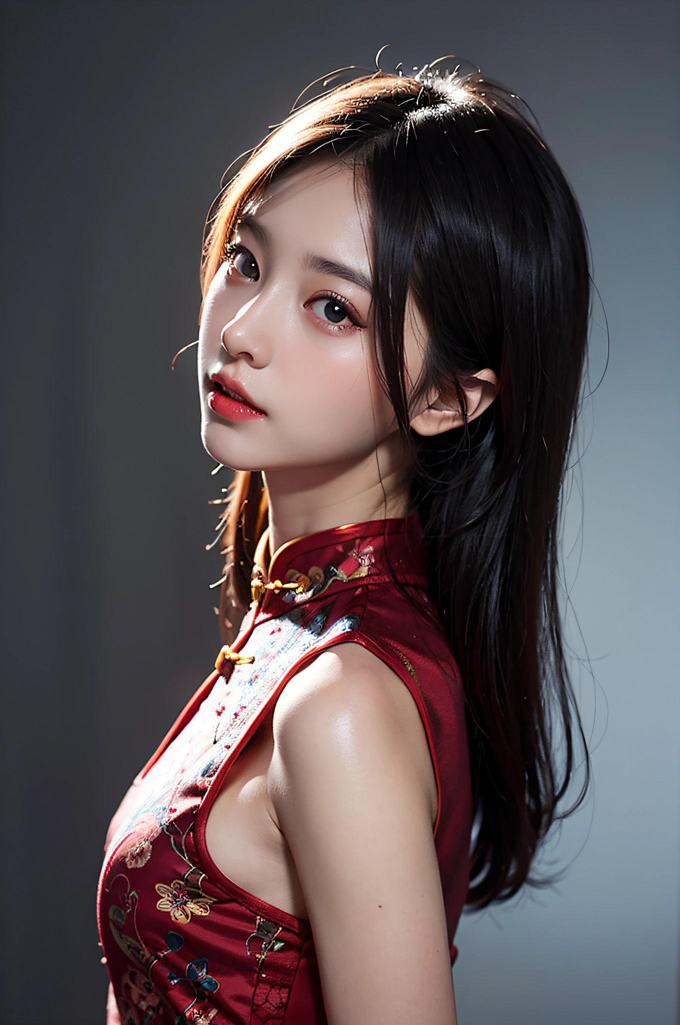 (Hyperrealistic,)4K,35mm,hyper-high detail, Professional lighting, Best quality, Ultra-high resolution, Visually stunning, (1girll:1.3), National style (on cheongsam),realskin,(Perfect body 1.3)Ultra-delicate face。