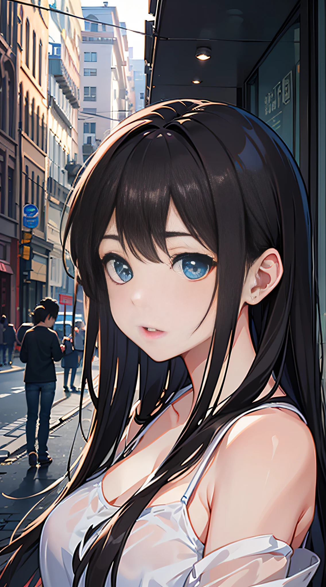 (8K、Raw photography、top-quality、​masterpiece:1.2)、Illustration Touch、ultra-detailliert、超A high resolution、***1人、dark brown  hair、azure eyes、In the street、stroll、Casual clothing