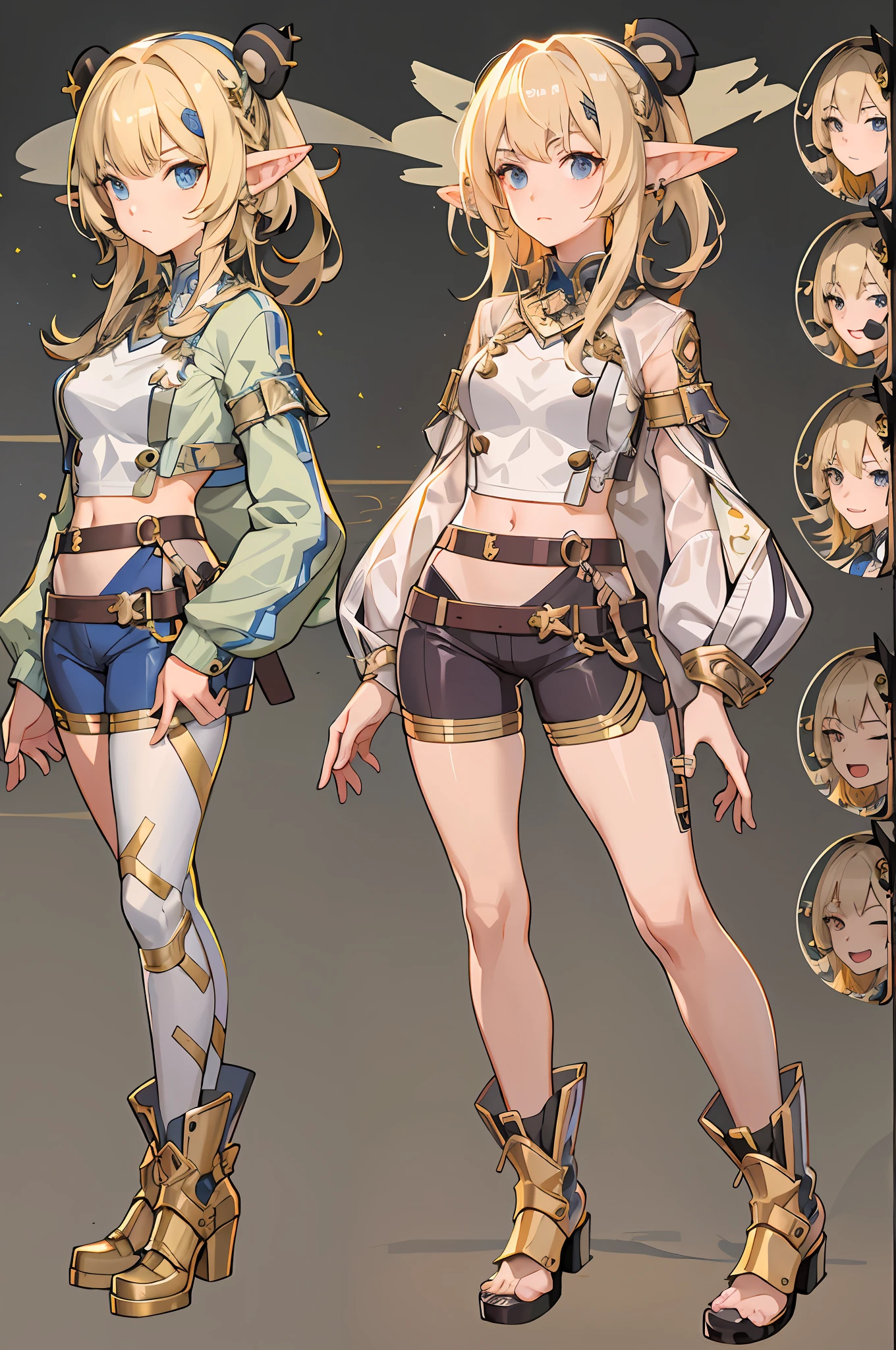 anime character with different poses and hair styles, , Fine details. Girl front, trending on artstation pixiv, Role setting，Standing painting，Character setting，clothing design，shorter pants，blond hairbl，elvish ears，Raised sexy，Bigchest，Functional wind