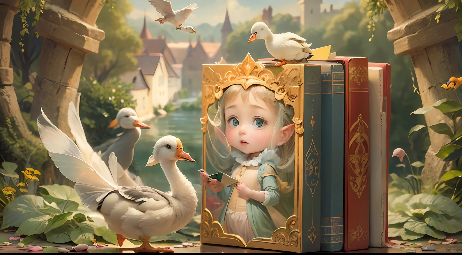 ((Mastpicek)), ((Best quality), 8 k'', High detail, super super detail, rich details, A fairy tale book,On the cover are ugly ducklings and girls selling matches,And the emperor's new clothes,