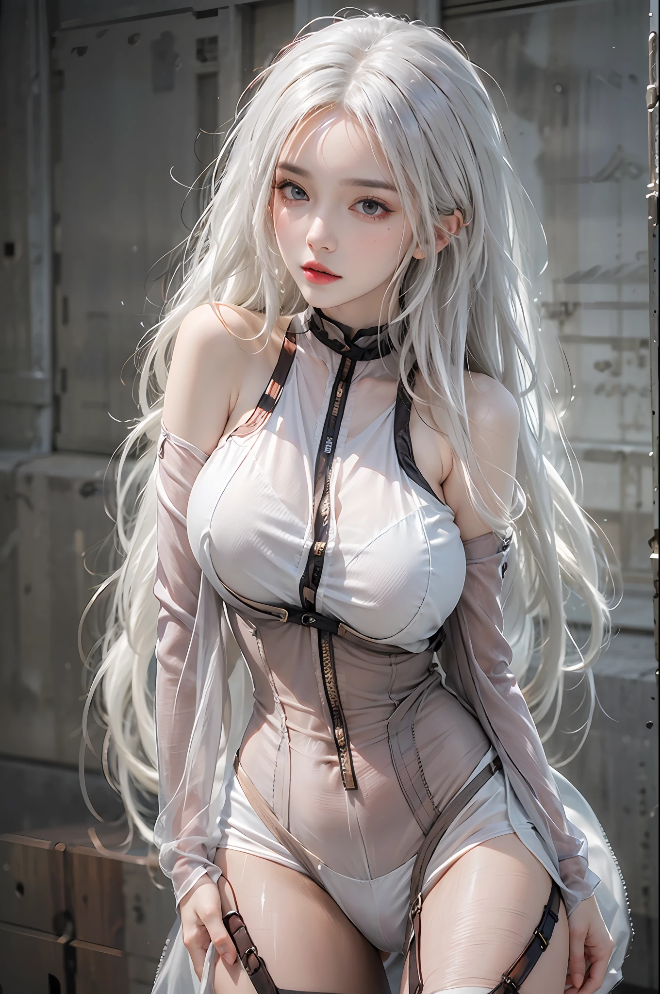 photorealistic, high resolution, 1 girl, hips up, white long hair, beautiful eyes, huge breast, fishnets, lingerie, see-through, bodysuit, pantyhose, bare shoulders, halter neck