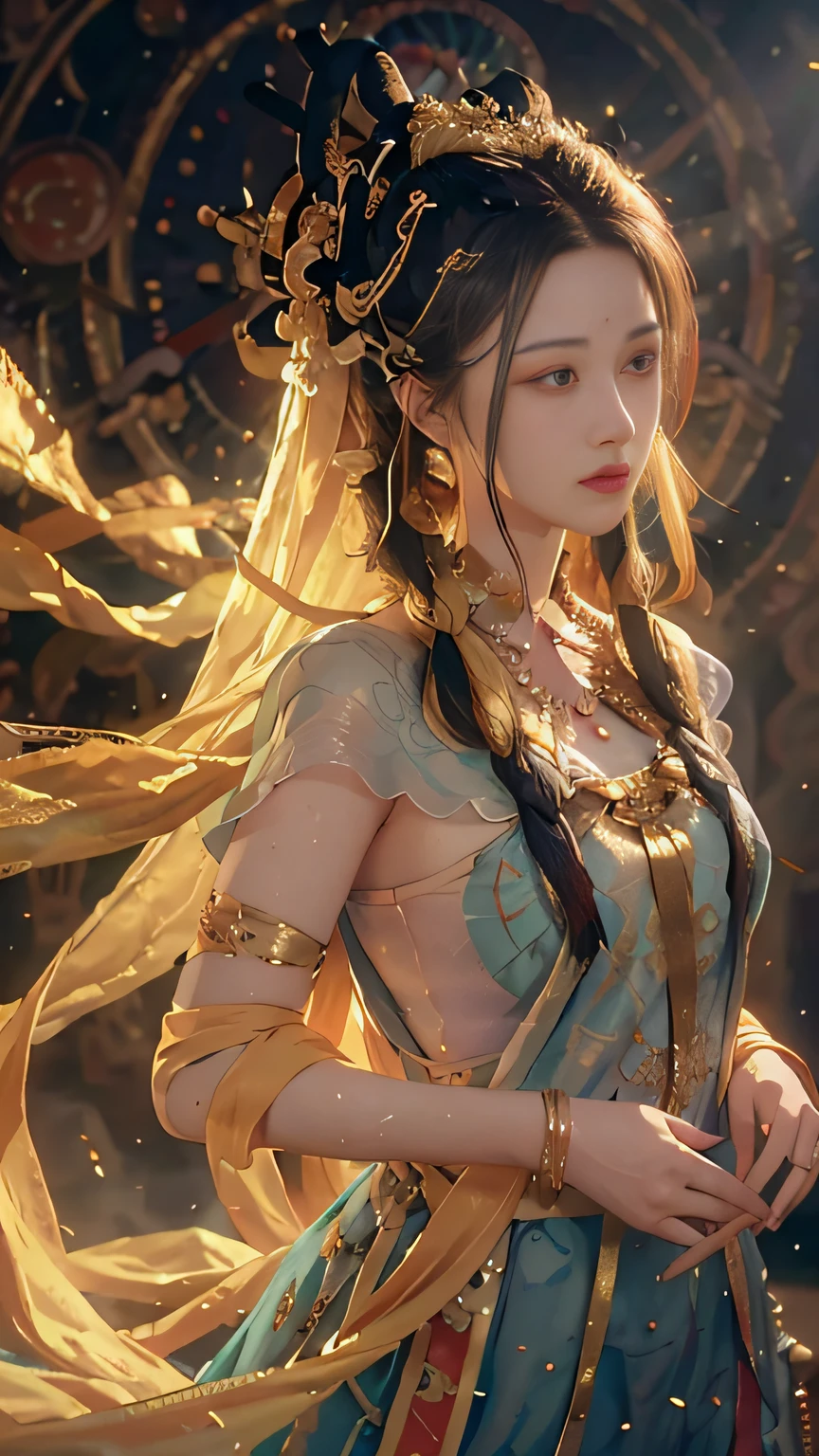 RAW Photo, Best Quality), (Realistic, Photo Realistic: 1.3), Best Quality, Highly Detailed, Masterpiece, Hyperdetail, Illustration, 1 Girl, upper_body, Dynamic Angle, World Masterpiece Theater, messy_long_hair, Best Quality, Extremely Detailed CG Uniform 8k Wallpaper, Ink, Amazing, Cinematic Lighting, lens_flare,dunhuang_style
