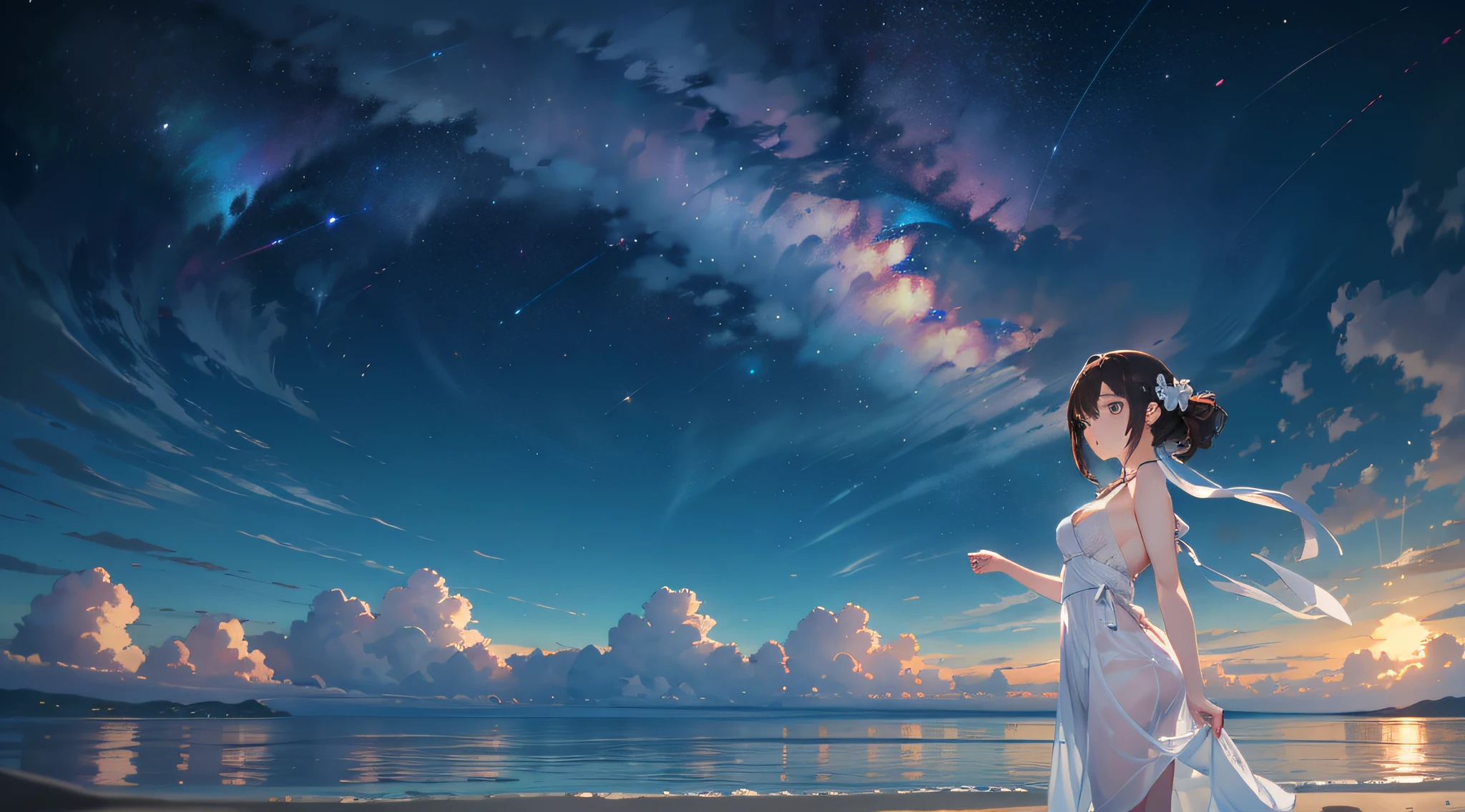 8K、Raw photography、top-quality、​masterpiece:1.2)、Illustration Touch、ultra-detailliert、超A high resolution、(wide-angle lens)、***1人、posterior view、silhuette、dark brown  hair、azure eyes、sea side、nigh sky、milkyway、Simple white dress