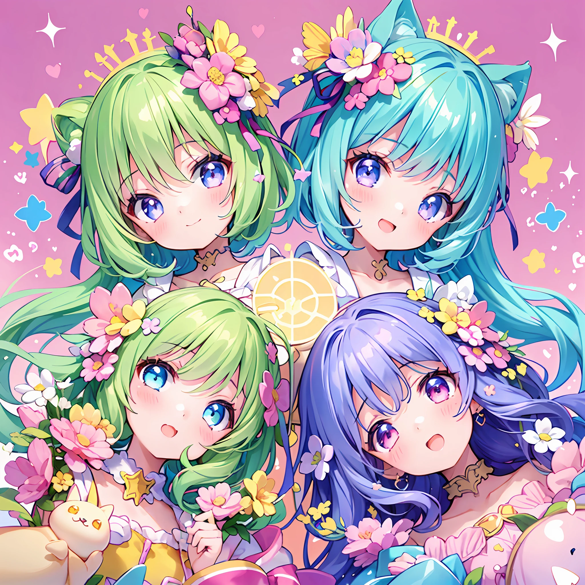 masterpiece, (million 2girls and 2girls and 2girls and 2girls), idol, closeup, big eyes, kawaiitech, kawaii, cute, pastel colors, best quality, happy, deep background, symmetrical, tilted head, spring